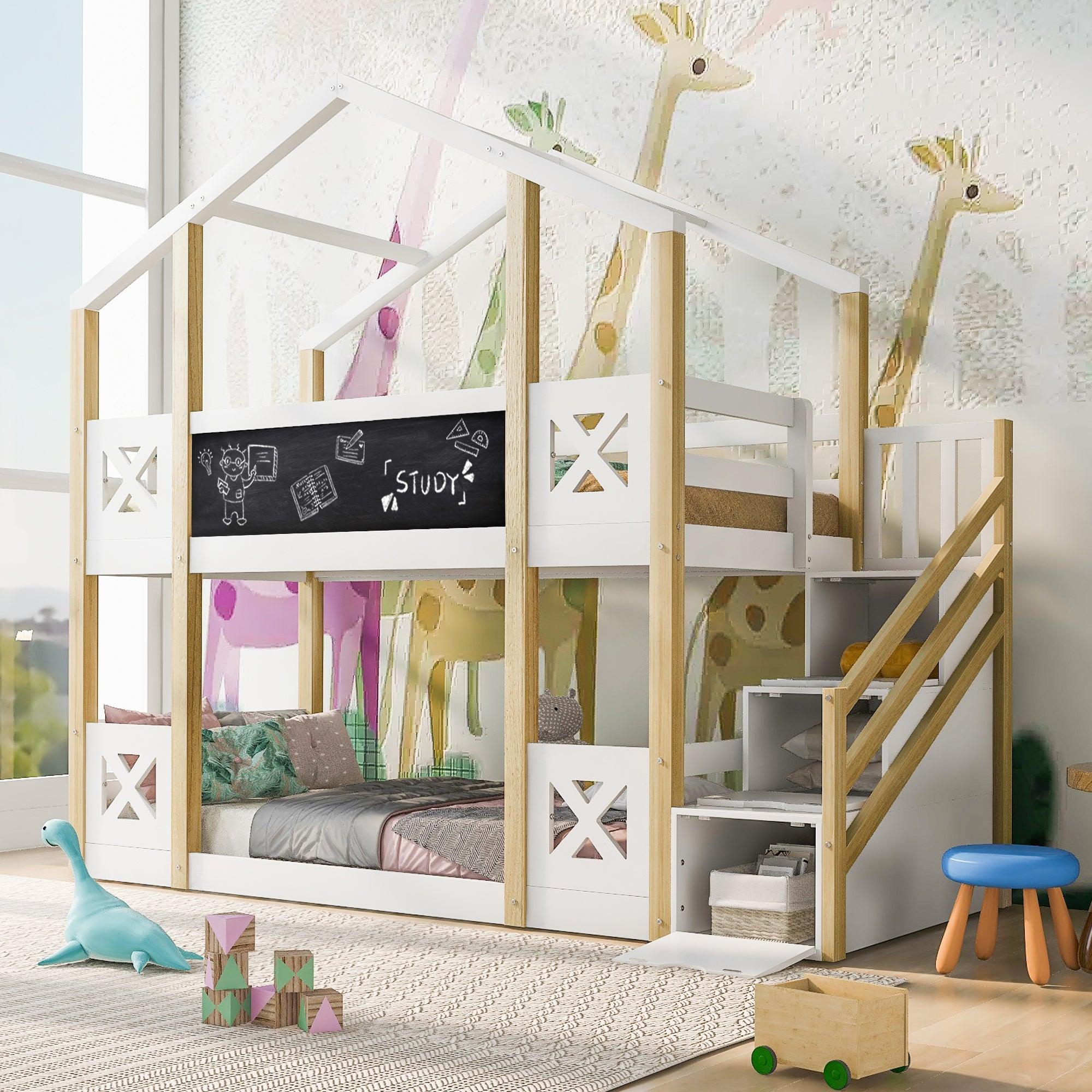 🆓🚛 Twin Over Twin House Bunk Bed With White Storage Staircase & Blackboards, White