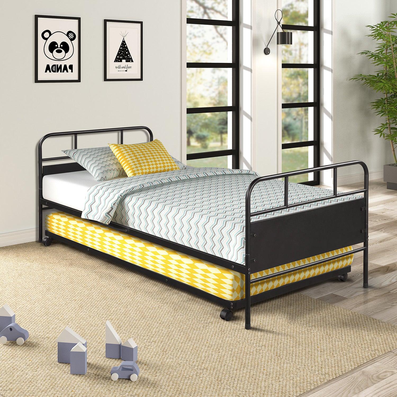 🆓🚛 Metal Daybed Platform Bed Frame With Trundle Built-in Casters, Twin Size