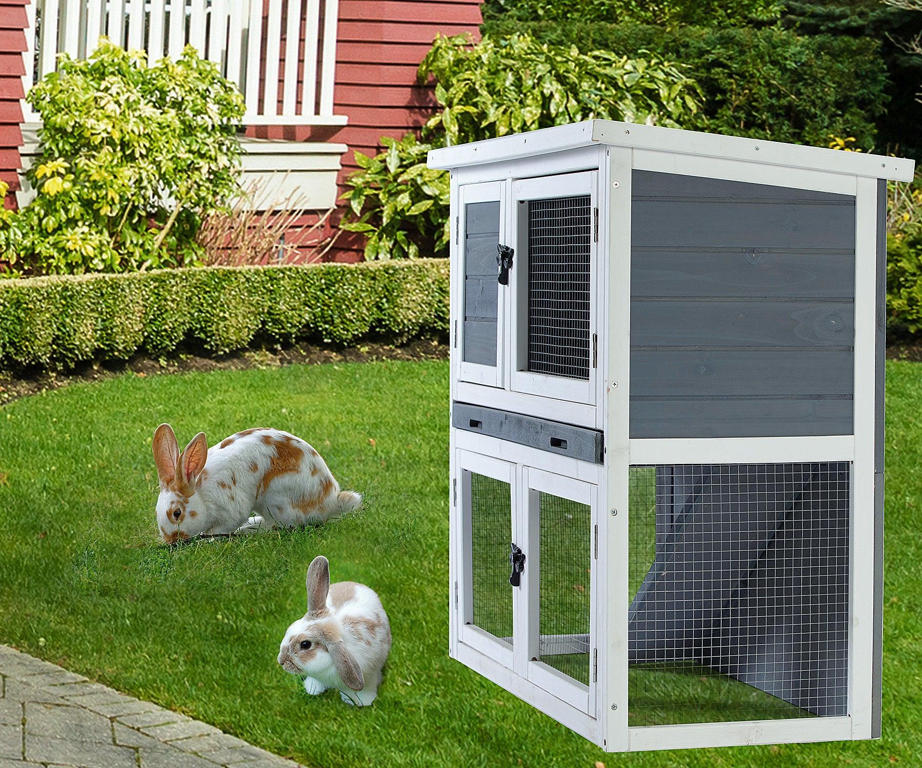 🆓🚛 Two-Layer Solid Wooden With Easy Clear Tray for Bunny Rabbitswooden Pet House Rabbit Bunny Wood Hutch House Dog House Chicken Coops Chicken Cages Rabbit Cage