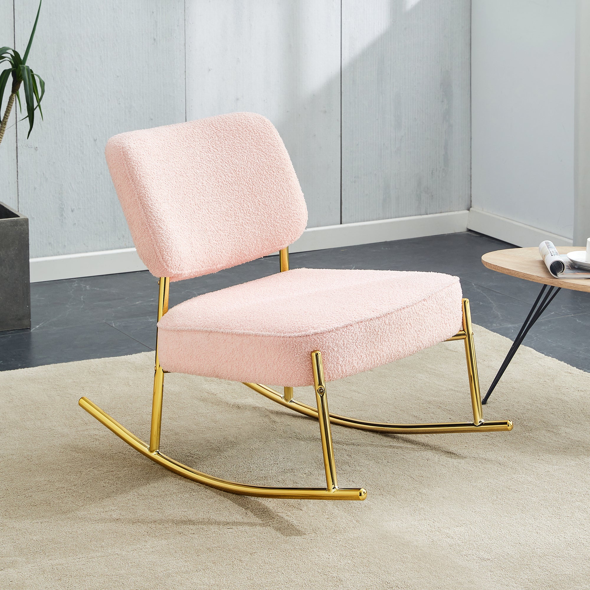 Teddy Velvet Material Cushioned Rocking Chair, Unique Rocking Chair, Cushioned Seat, Pink Backrest Rocking Chair, & Golden Metal Legs Comfortable Side Chairs In The Living Room, Bedroom, & Office