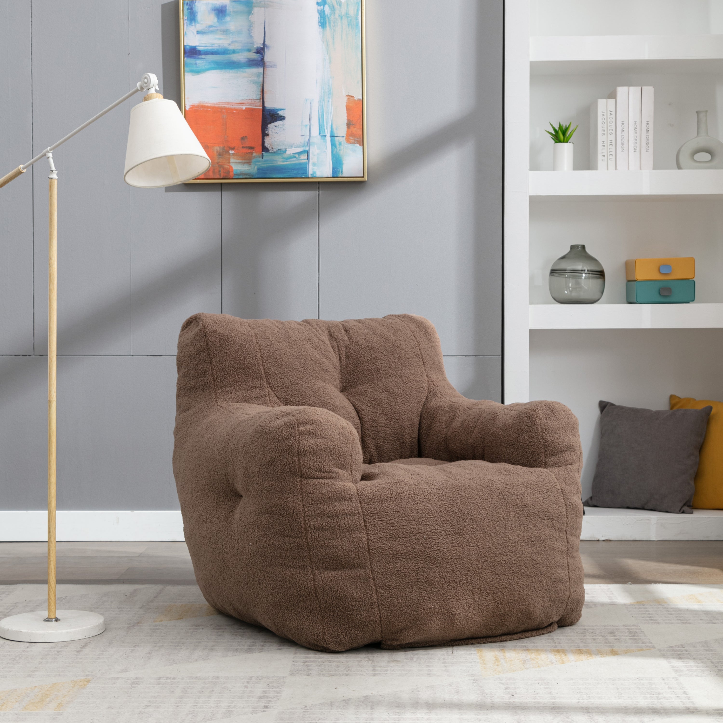 🆓🚛 Soft Tufted Foam Bean Bag Chair With Teddy Fabric, Coffee Brown