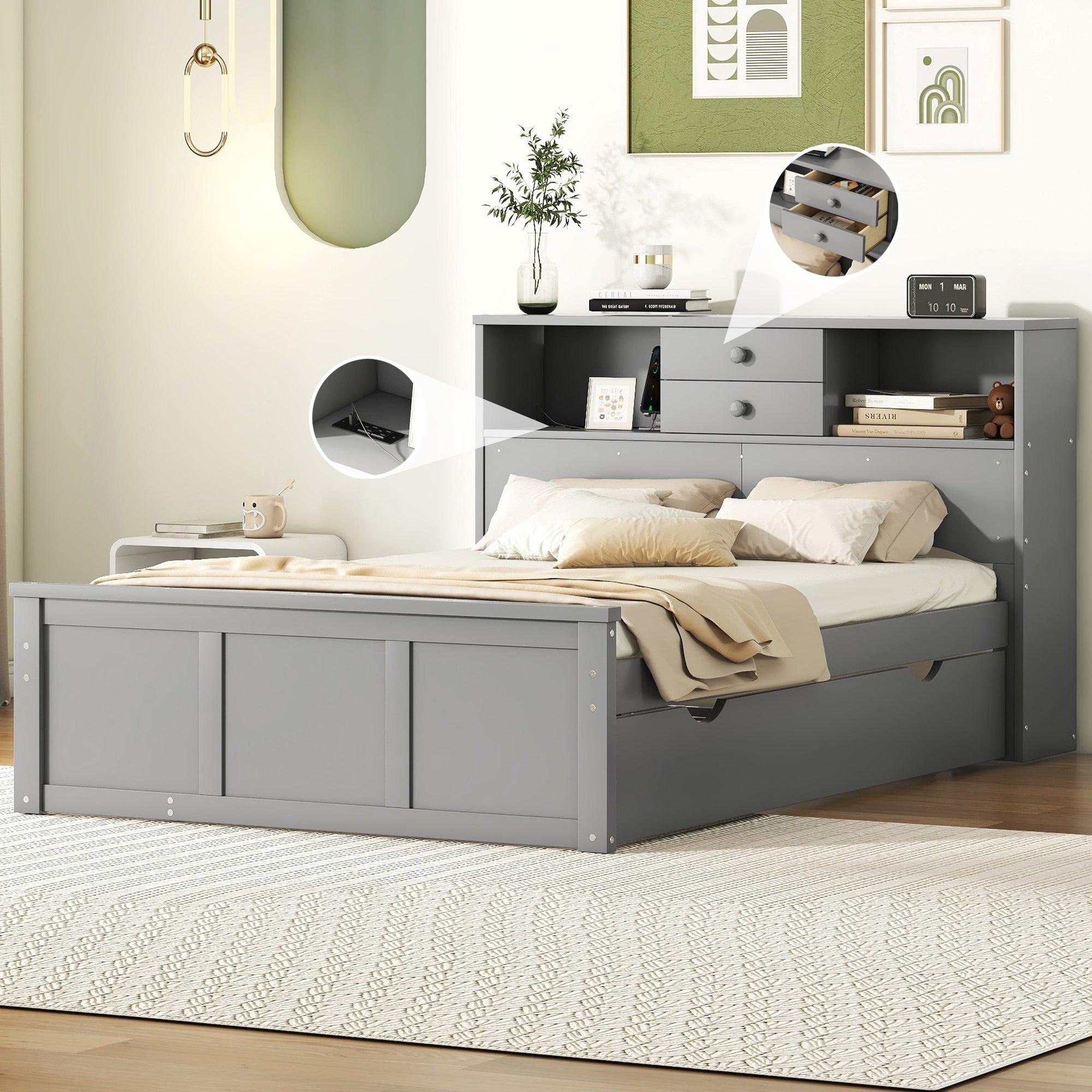 🆓🚛 Full Size Wood Pltaform Bed With Win Size Trundle, 3 Drawers, Upper Shelves & a Set Of Usb Ports & Sockets, Gray