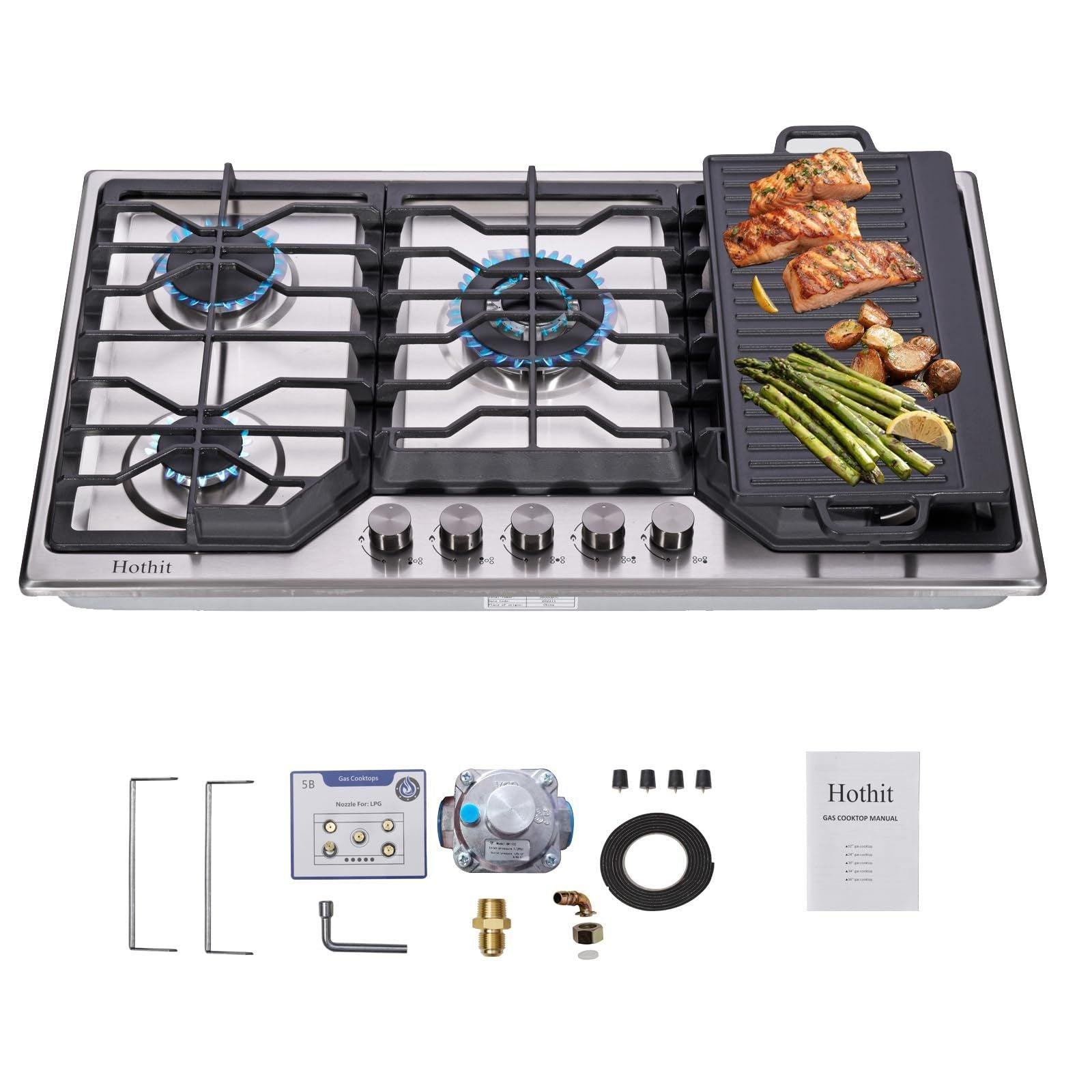 🆓🚛 34" Gas Cooktop With Griddle, 5 Burner Gas Stove Top, Cook Top Stove Gas With Cast Iron Griddle, Natural Gas/Propane Gas Convertible, Stainless Steel