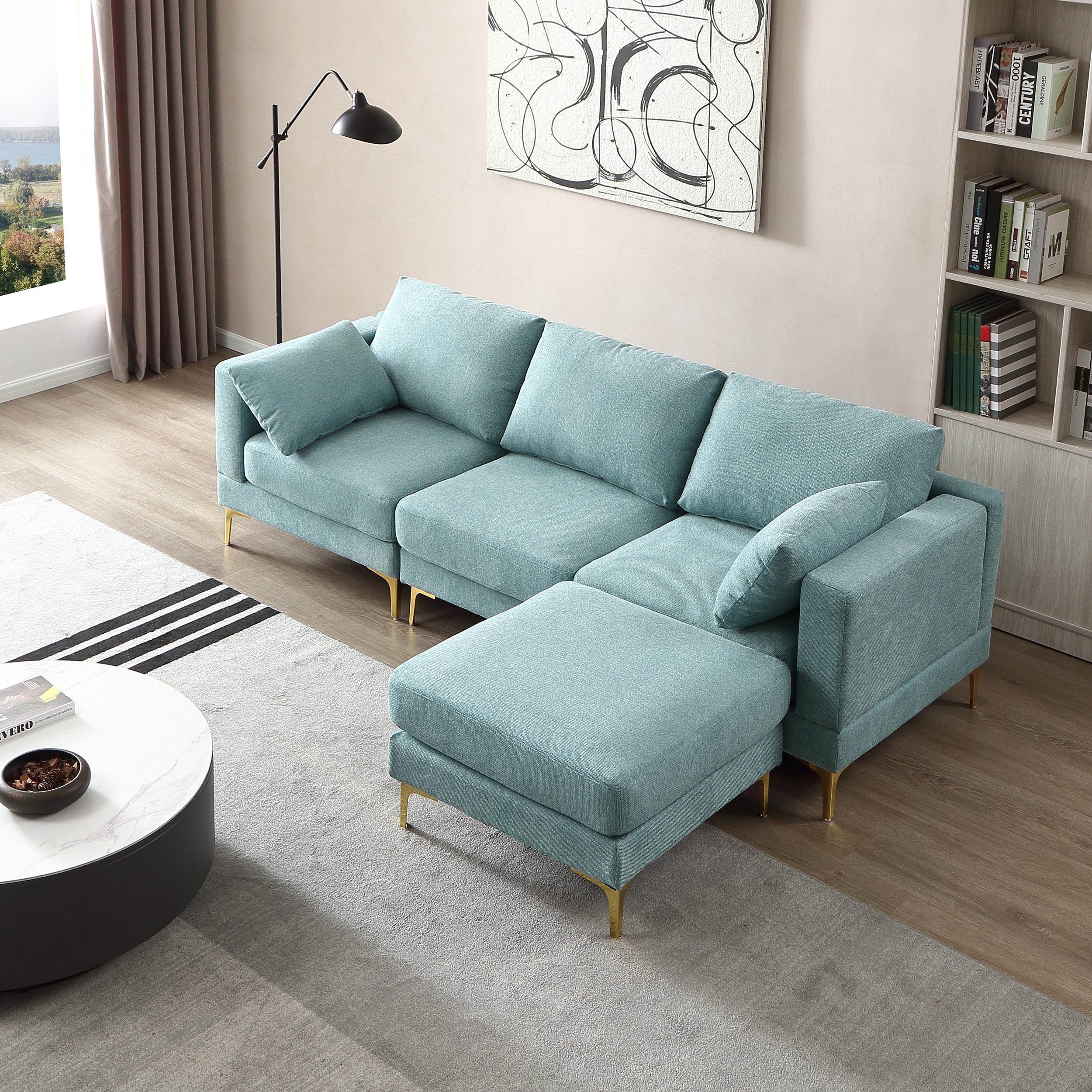 🆓🚛 92" 3 Seater Sofa With Ottoman, Turquoise
