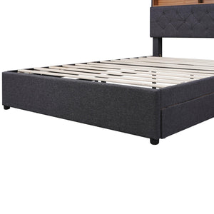 Full Size Height Adjustable Upholstered Platform Bed With Storage Headboard, LED, USB Charging And 2 Drawers, Dark Gray