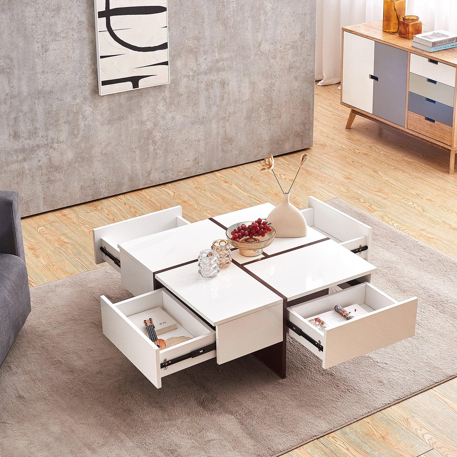 🆓🚛 Modern Style Square Coffee Table With 4 Drawers - White & Walnut, Particle Board