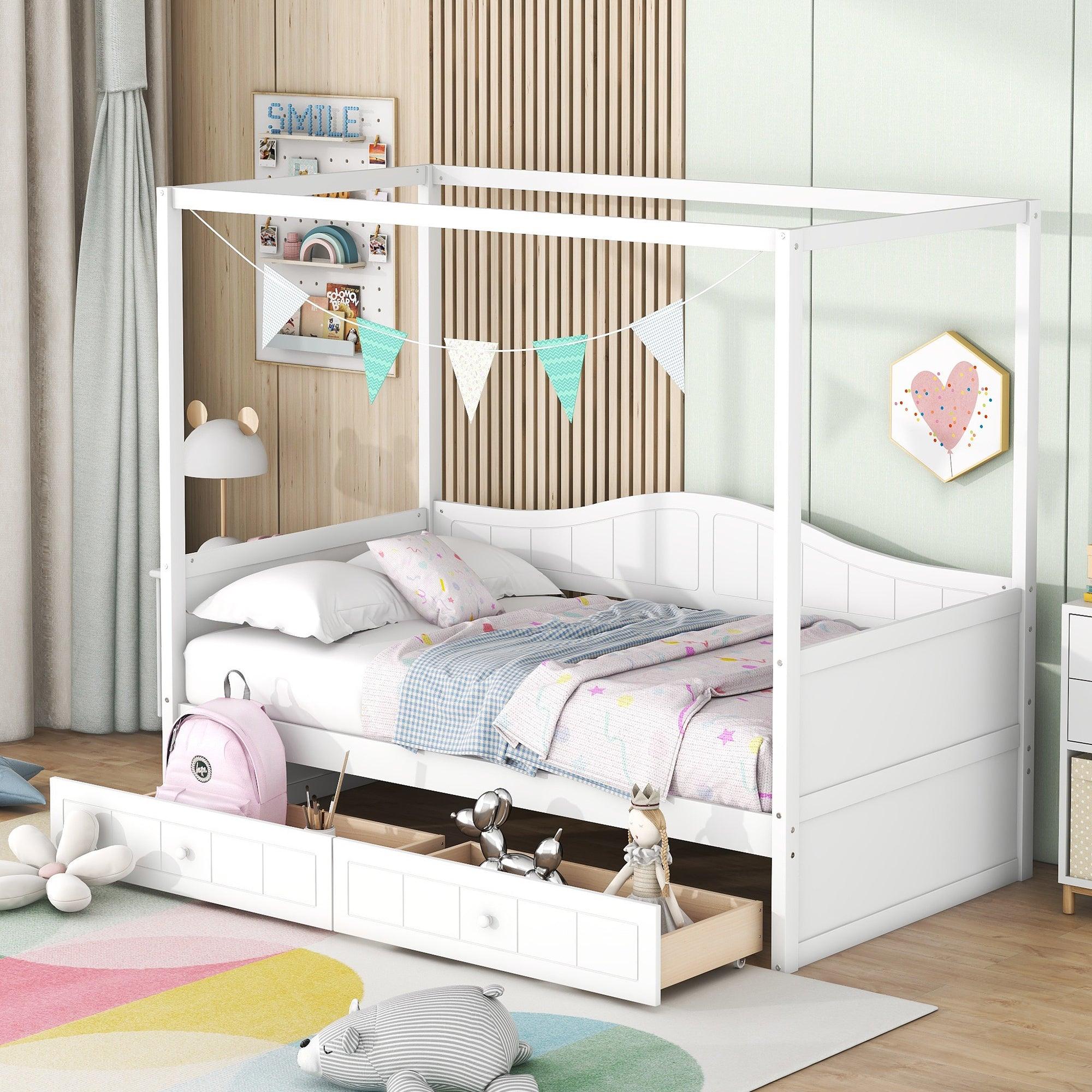 🆓🚛 Twin Size Canopy Day Bed With 2 Drawers, White