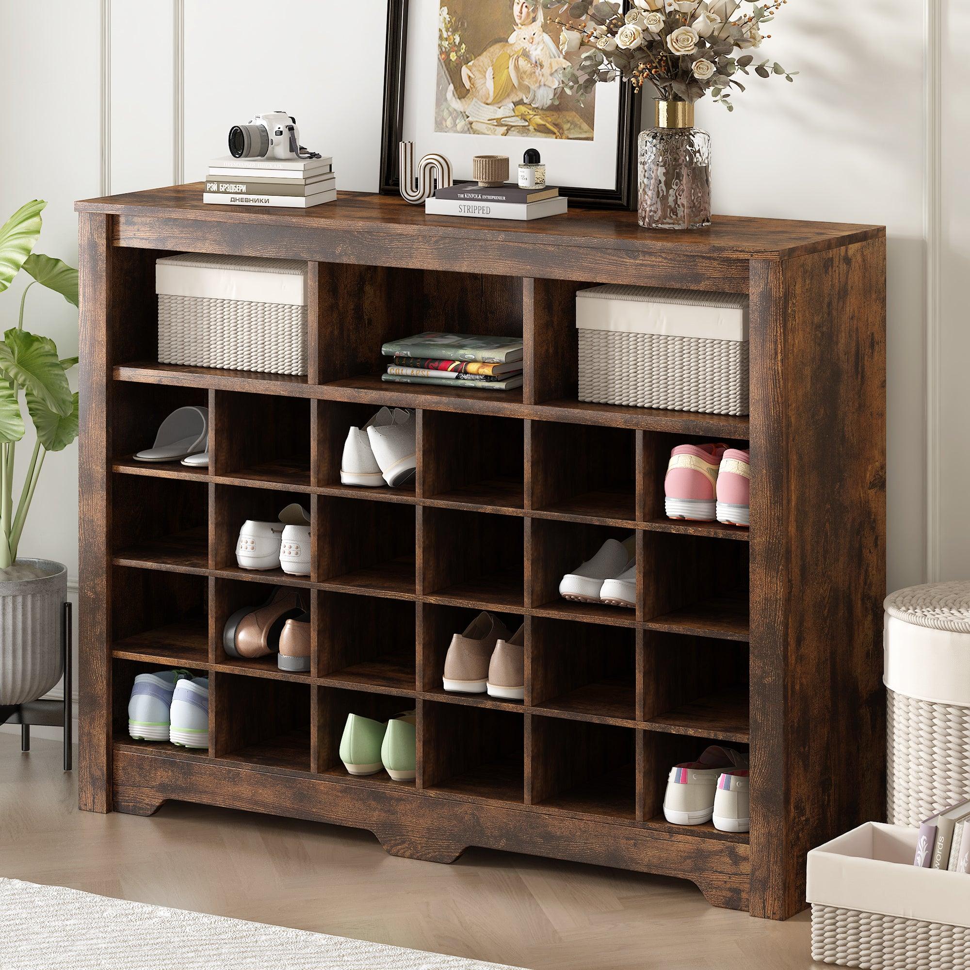 🆓🚛 Sleek Design 24 Shoe Cubby Console, Modern Shoe Cabinet With Curved Base, Versatile Sideboard With High-Quality for Hallway, Bedroom, Living Room, Rustic Brown