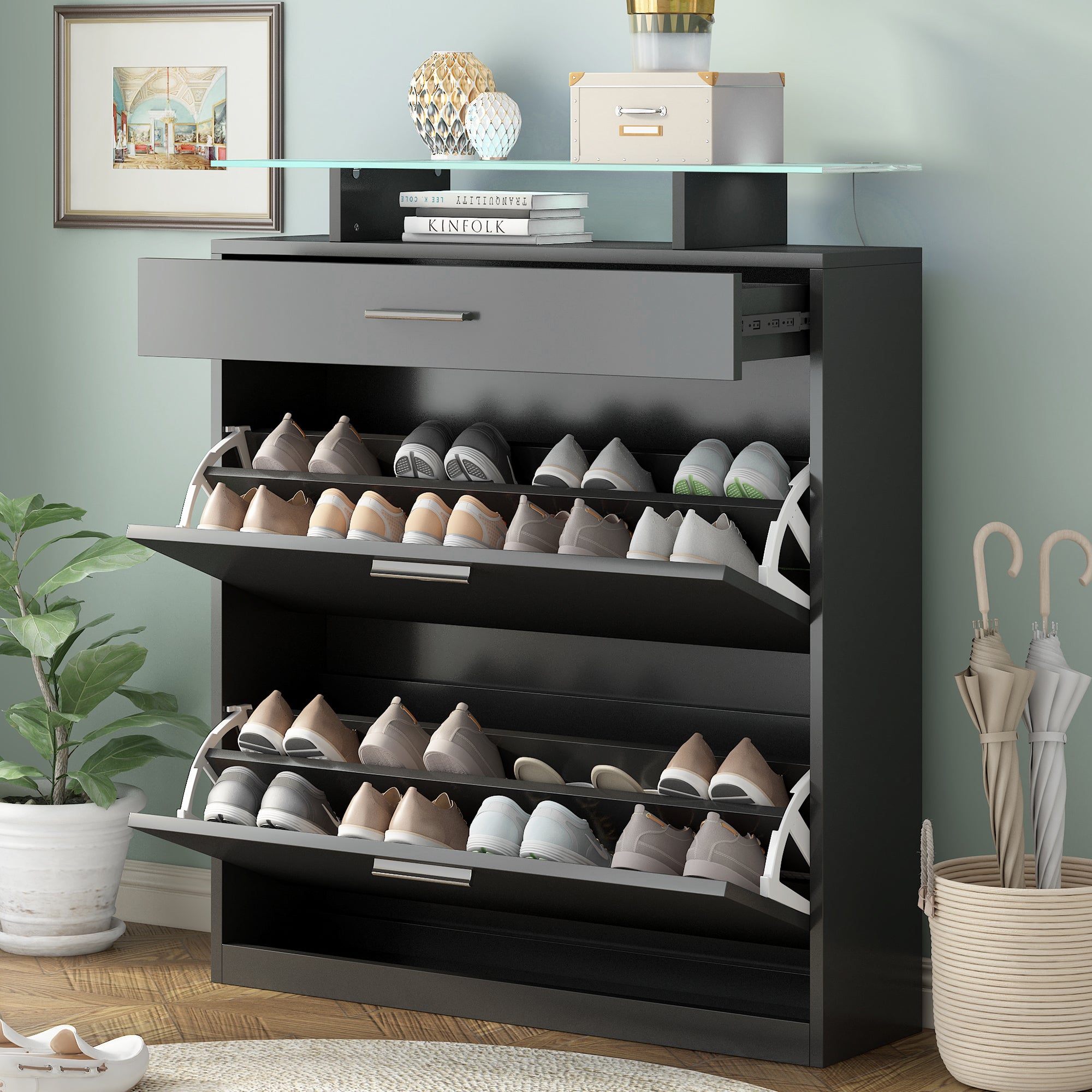 🆓🚛 Slim Entryway Organizer With 2 Flip Drawers, Tempered Glass Top Shoe Storage Cabinet With Drawer, Free Standing Shoe Rack With Led Light for Hallway, Black