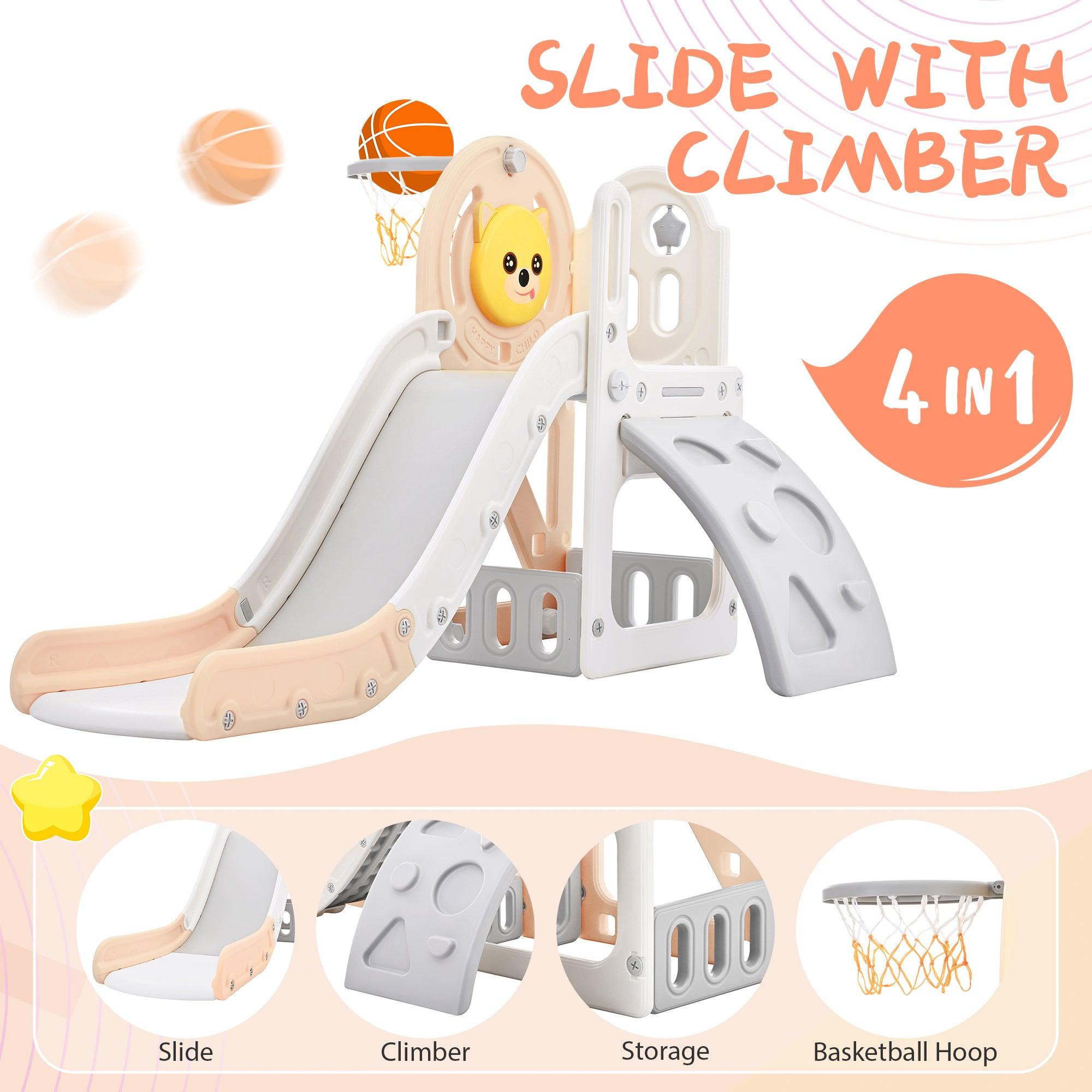 🆓🚛 Toddler Climber & Slide Set 4 in 1, Kids Playground Climber Freestanding Slide Playset With Basketball Hoop Play Combination for Babies Indoor & Outdoor, Pink & Gray