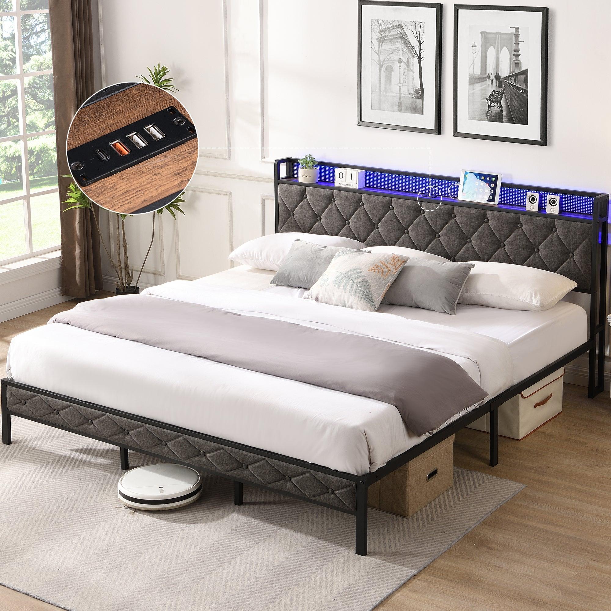 🆓🚛 King Upholstered Platform Bed Frame With Storage Headboard, Charging Station and LED Lights, With Heavy Metal Slats, Dark Gray