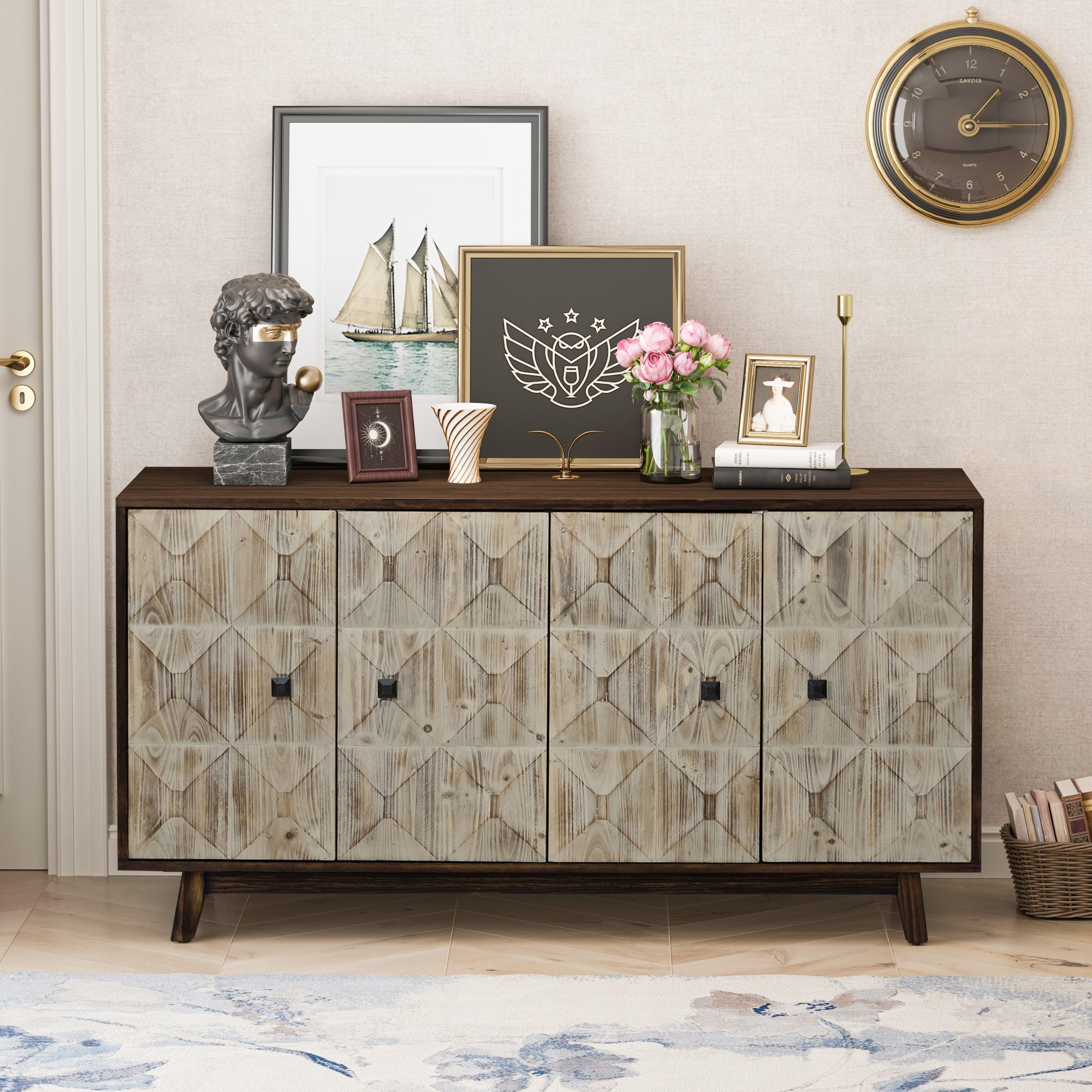 🆓🚛 59.84" 4 Doors Vintage Sideboard, Freestanding Sideboard Storage Cabinet Entryway Floor Cabinet for Living Room Office Bedroom, Natural