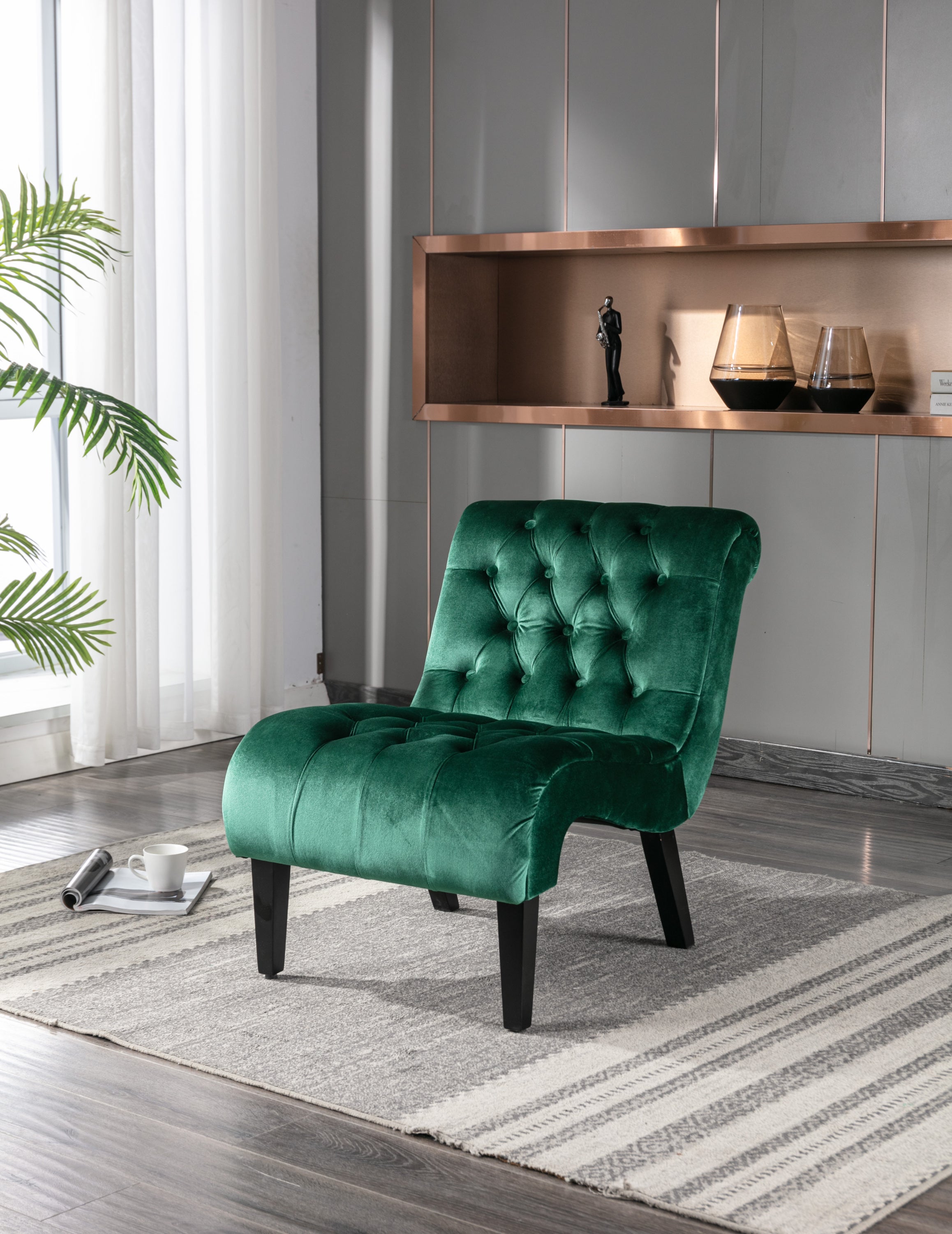 🆓🚛 Armless Living Room Chair with Curved Backrest, Green