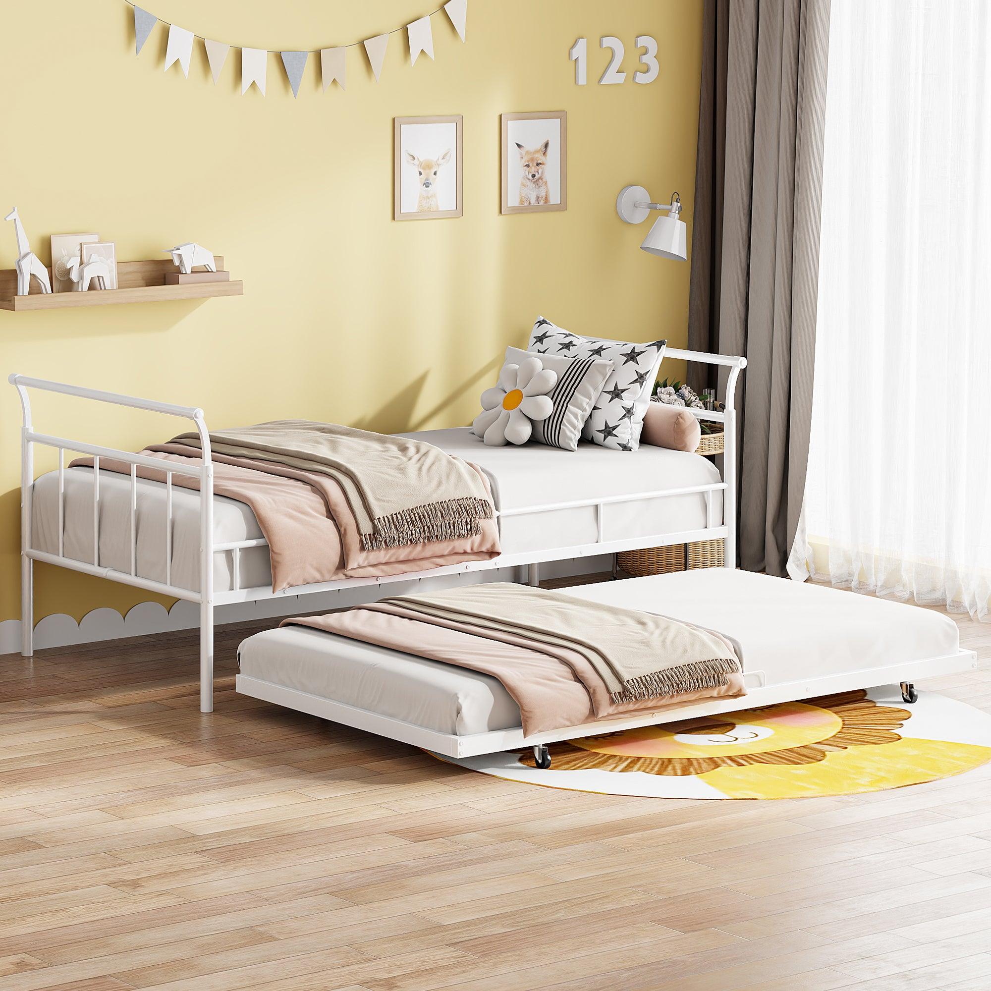 🆓🚛 Twin Size Metal Daybed With Curved Handle Design & Twin Size Trundle, White