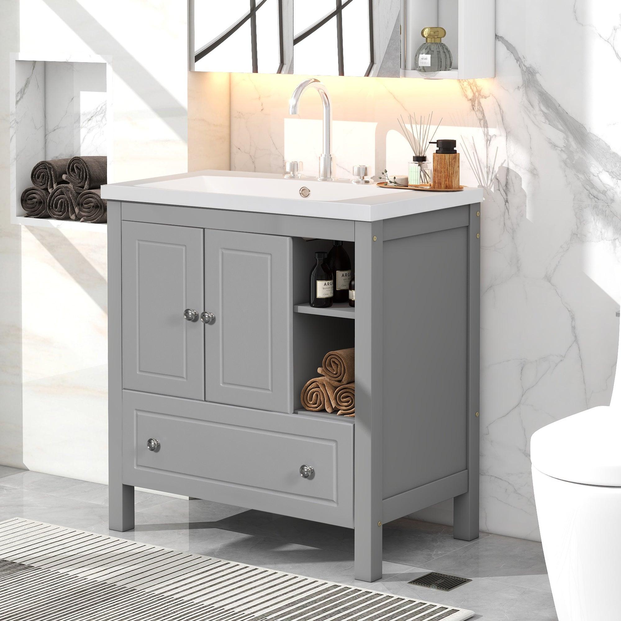 🆓🚛 30" Bathroom Vanity With Sink, Bathroom Storage Cabinet With Doors & Drawers, Solid Wood Frame, Ceramic Sink, Gray