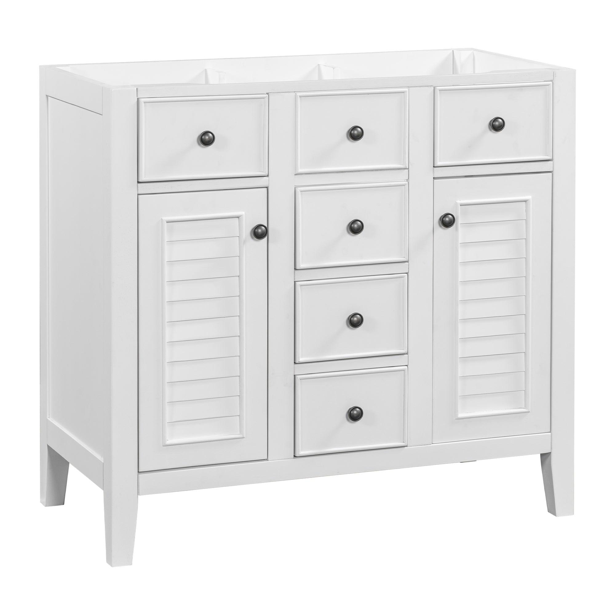 🆓🚛 36" Bathroom Vanity Without Sink, Cabinet Base Only, Two Cabinets & Five Drawers, Solid Wood Frame, White