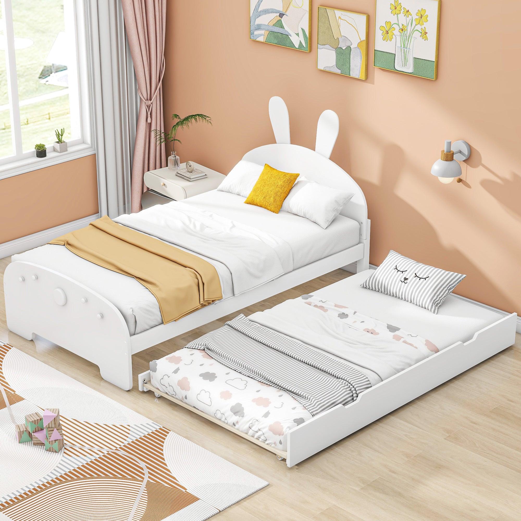 🆓🚛 Wood Twin Size Platform Bed With Cartoon Ears Shaped Headboard & Trundle, White