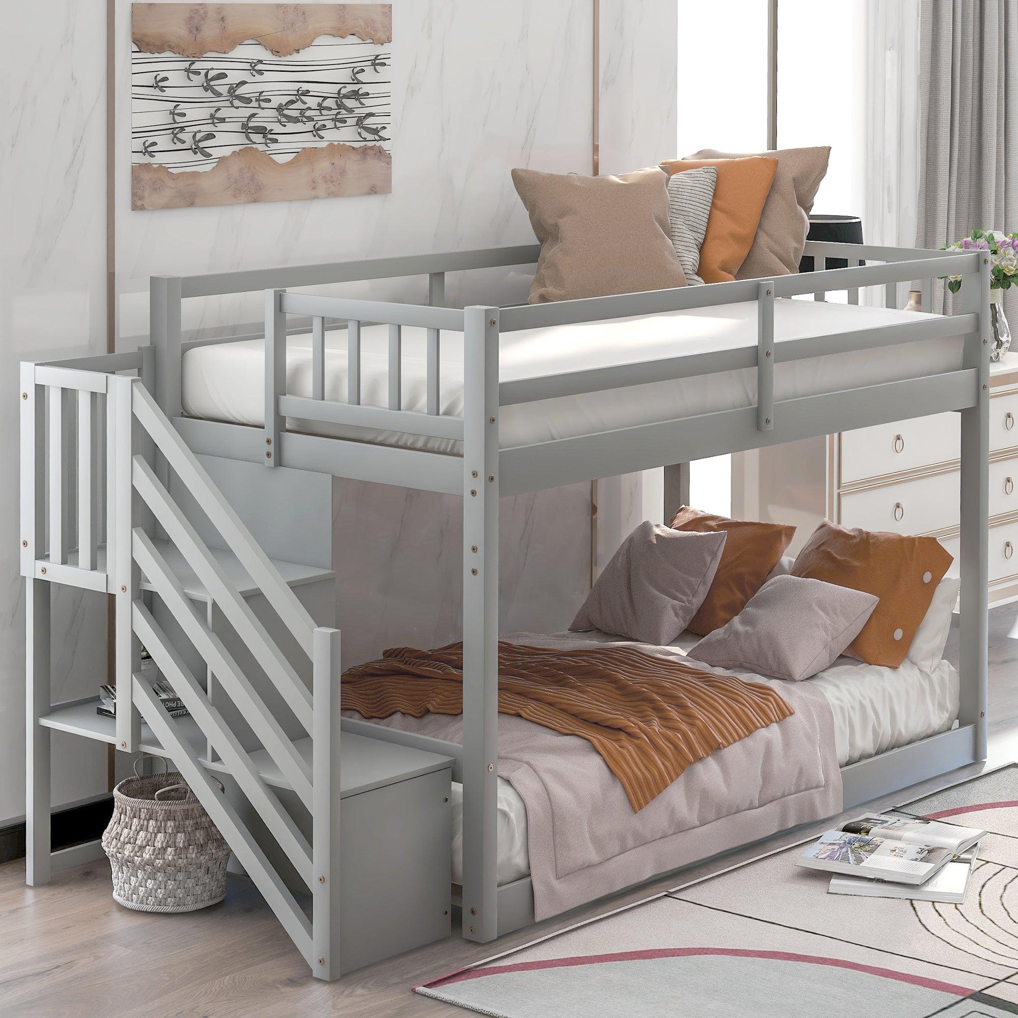 🆓🚛 Twin Over Twin Floor Bunk Bed, Ladder With Storage, Gray