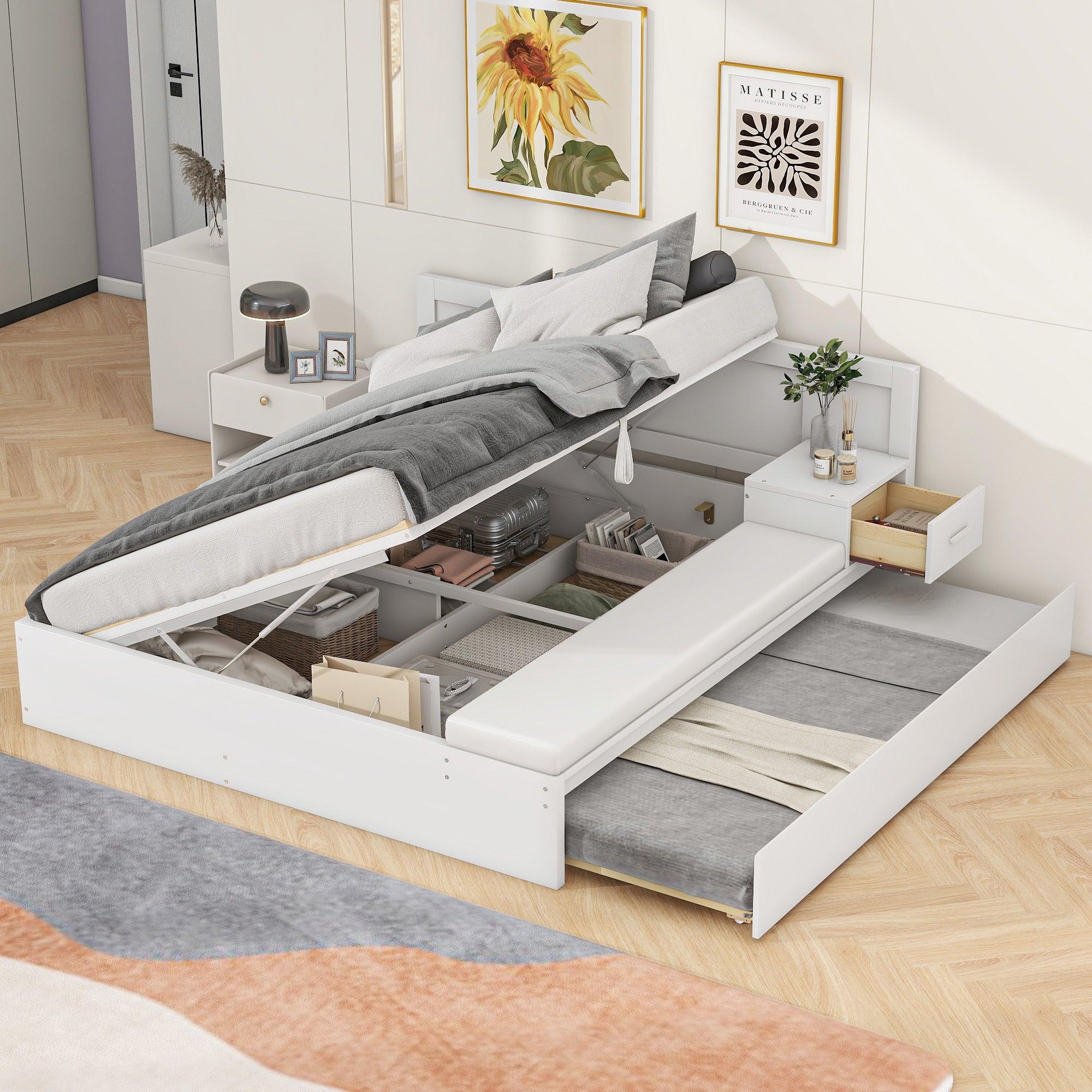 🆓🚛 Full Size Wood Storage Hydraulic Platform Bed With Twin Size Trundle, Side Table & Lounge, White