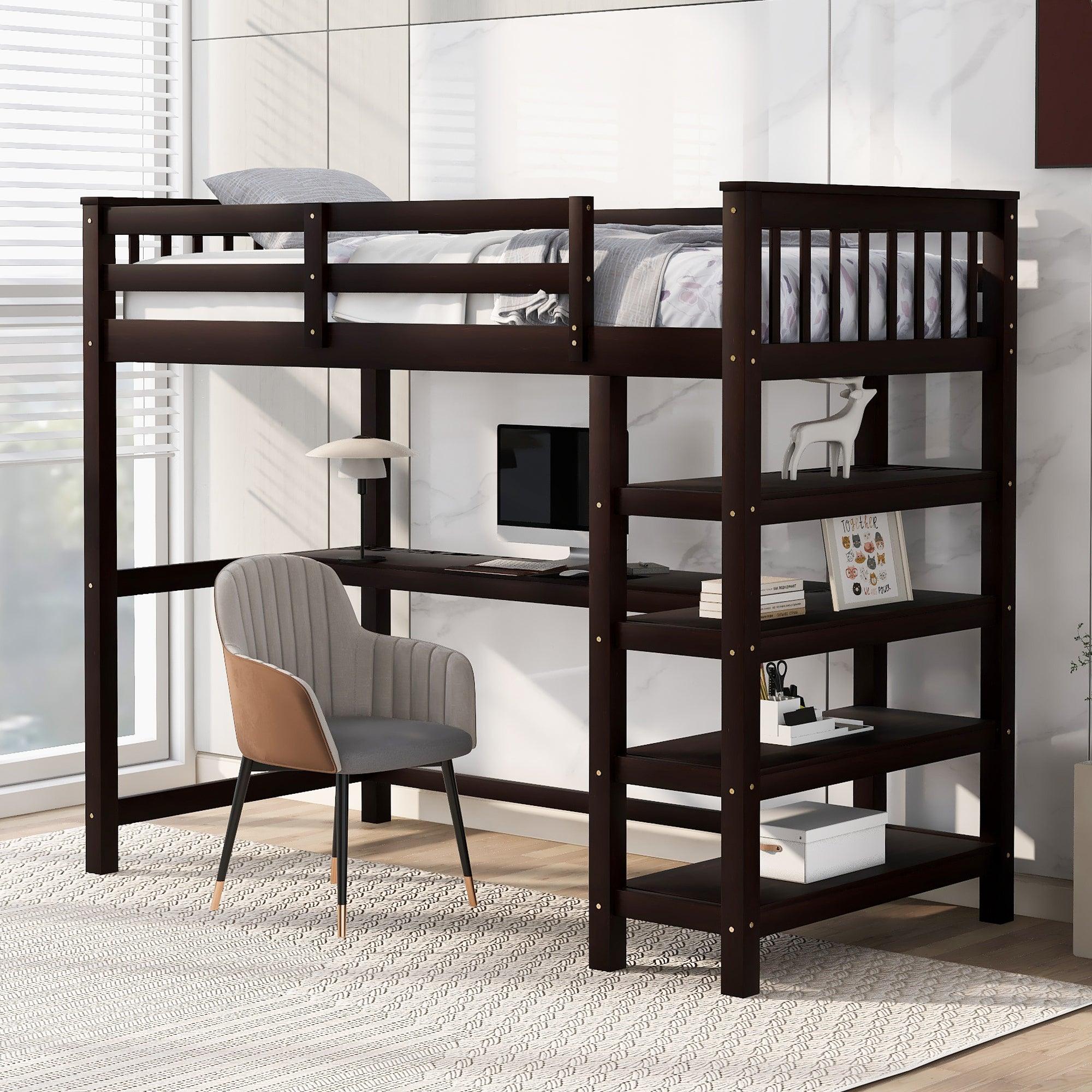 🆓🚛 Twin Size Loft Bed With Storage Shelves & Under-Bed Desk, Espresso