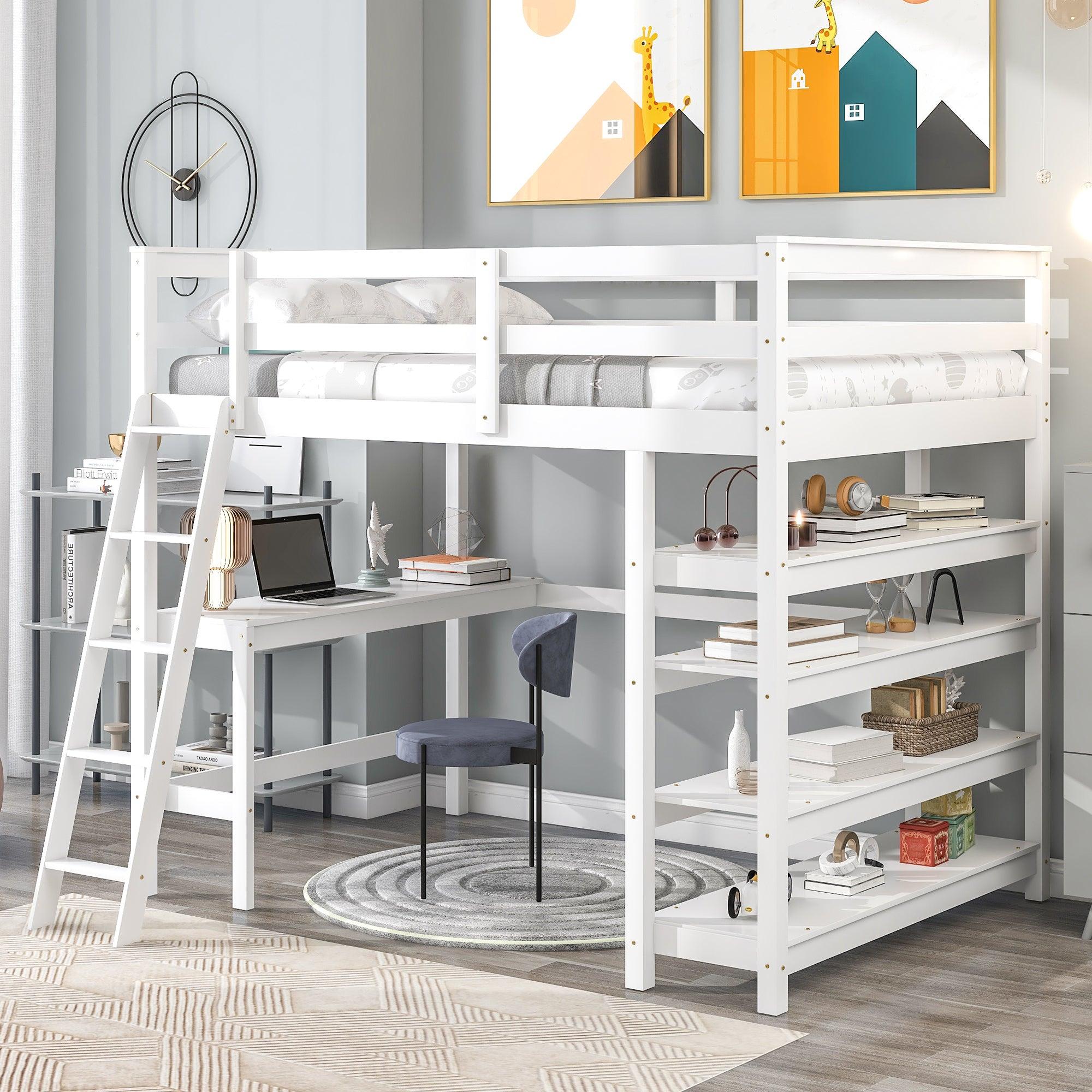 🆓🚛 Loft Bed Full With Desk, Ladder & Shelves, White