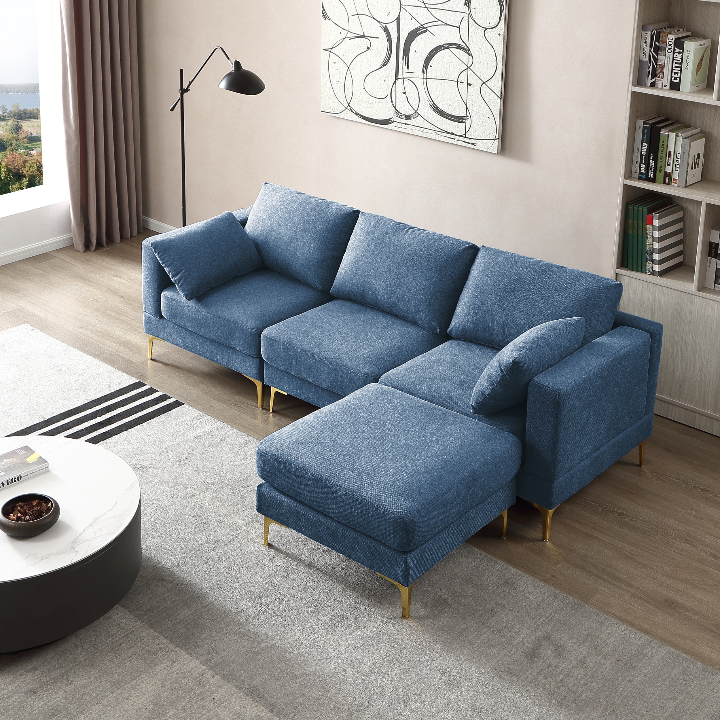 🆓🚛 92" 3 Seater Sofa With Ottoman, Blue