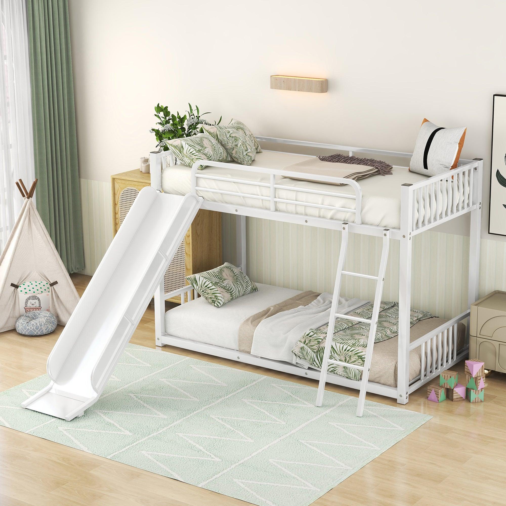 🆓🚛 Metal Bunk Bed With Slide, Twin Over Twin, White