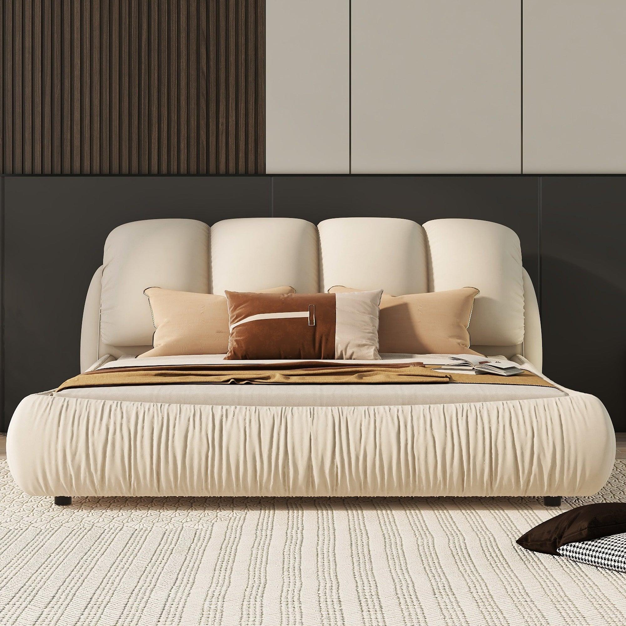 🆓🚛 Queen Size Luxury Upholstered Bed With Thick Headboard, Velvet Queen Bed With Oversized Padded Backrest, Beige