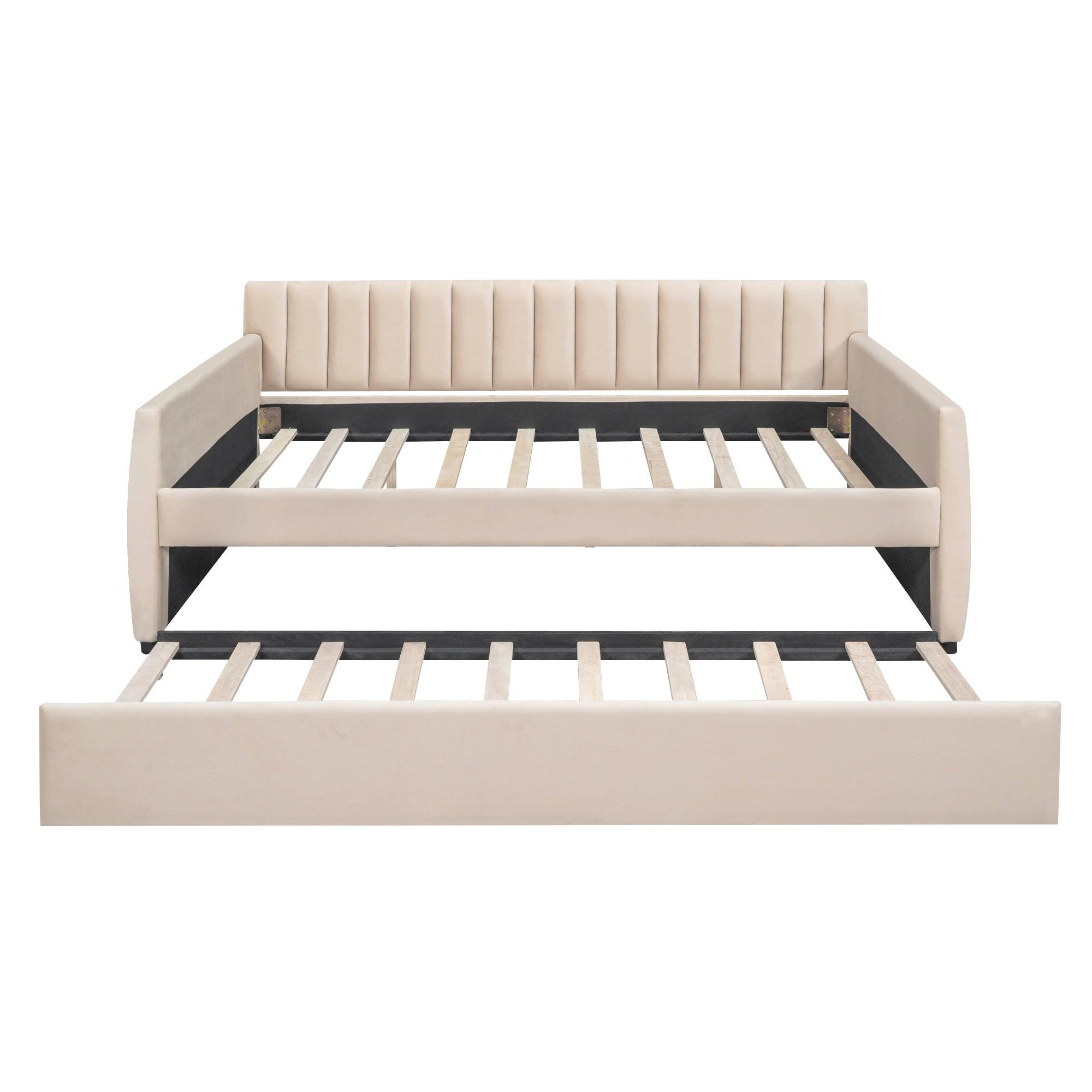 Full Size Upholstered Daybed With Trundle And Wood Slat Support, Beige