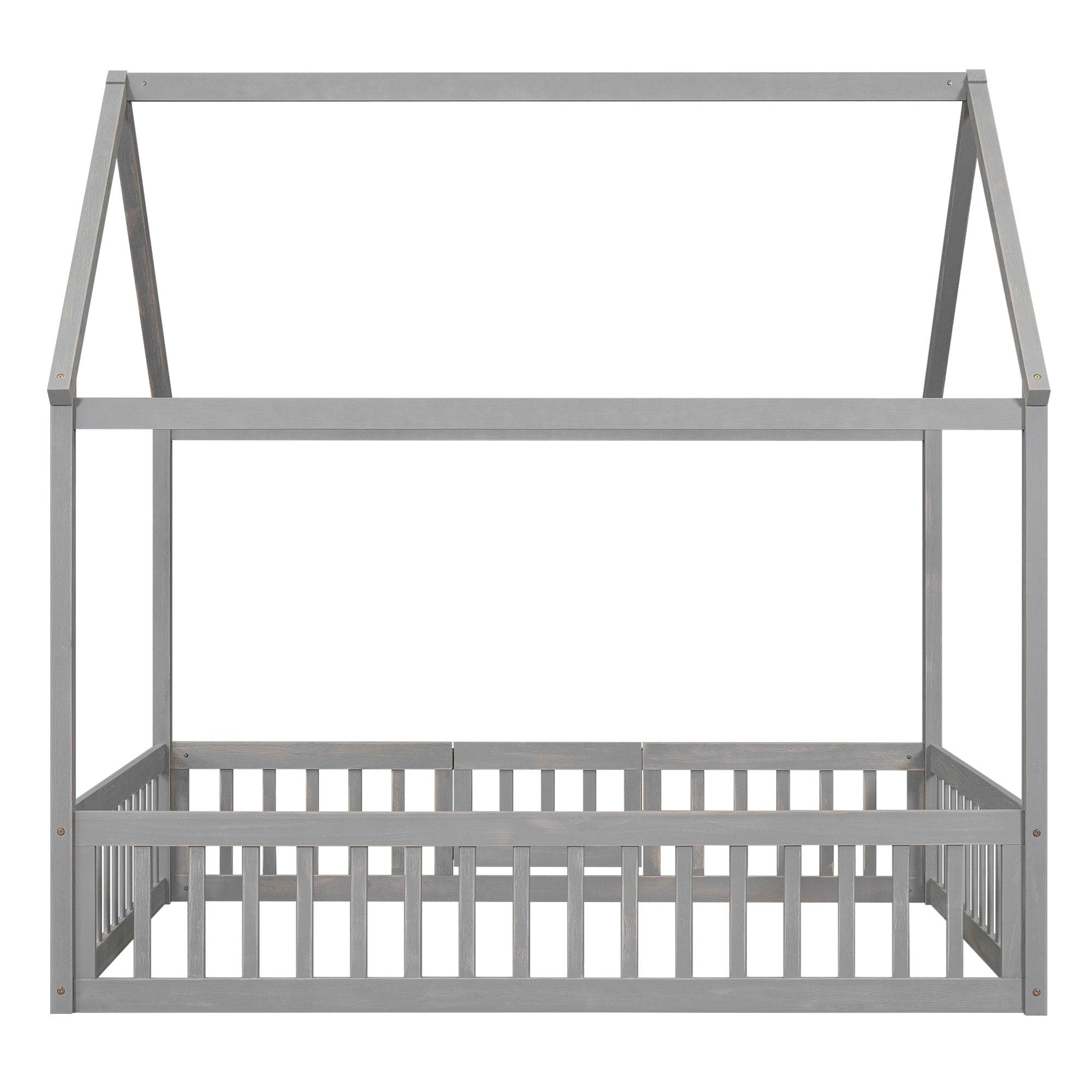 Full Size Wood House Bed With Fence And Door, Gray Wash