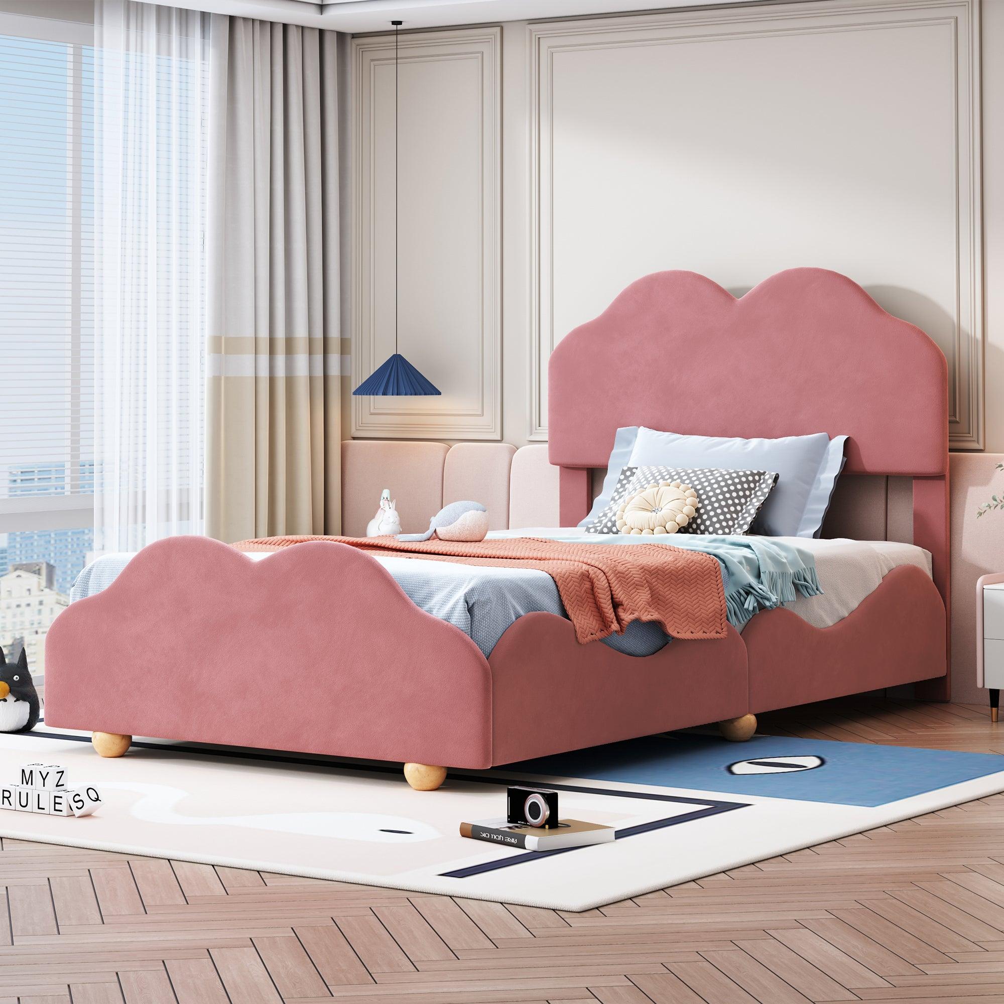 🆓🚛 Twin Size Upholstered Platform Bed With Cloud Shaped Bed Board, Dark Pink