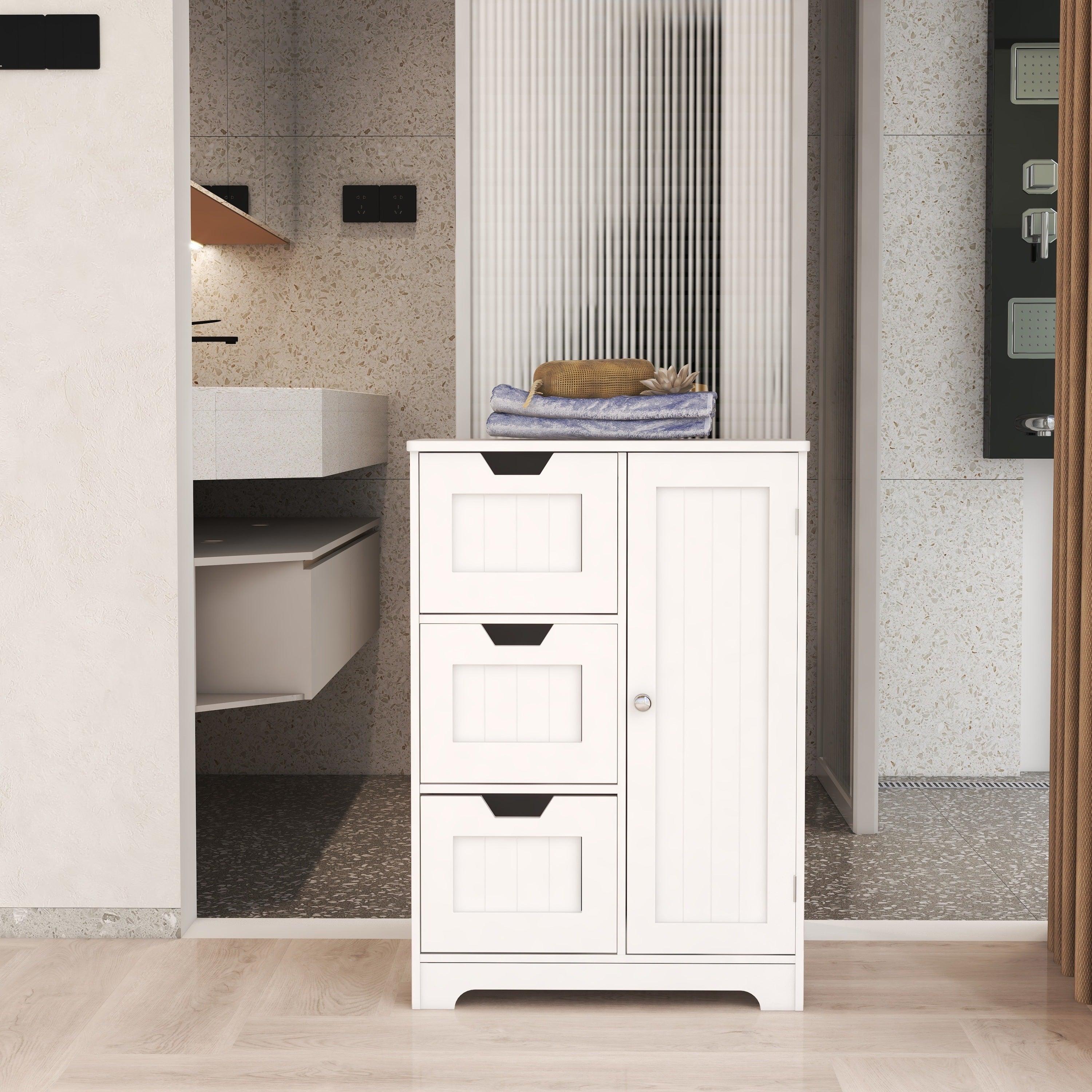 🆓🚛 White Freestanding Storage Cabinet for Bathroom & Living Room (One Door With Three Drawers)