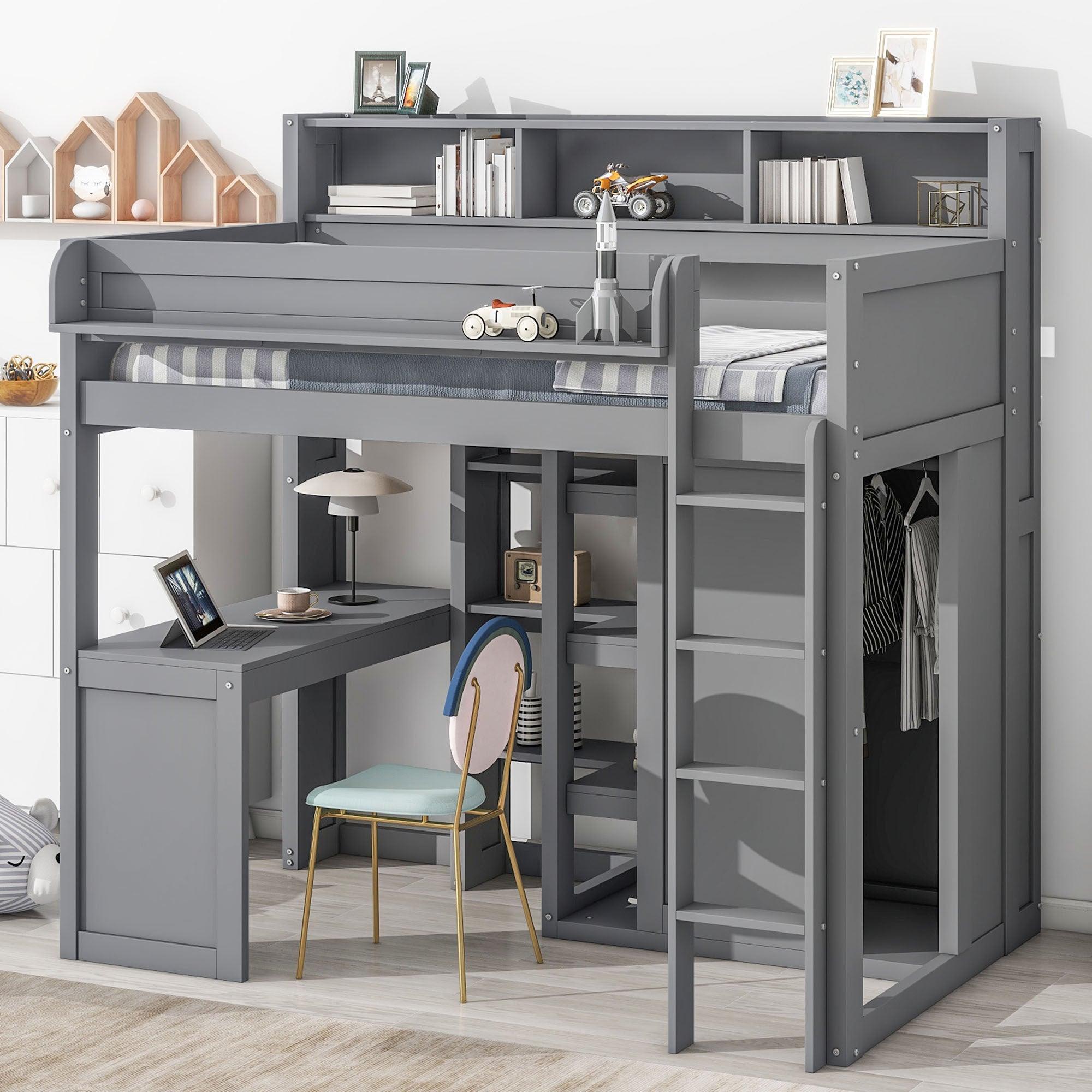 🆓🚛 Wood Twin Size Loft Bed With Multiple Storage Shelves & Wardrobe, Gray