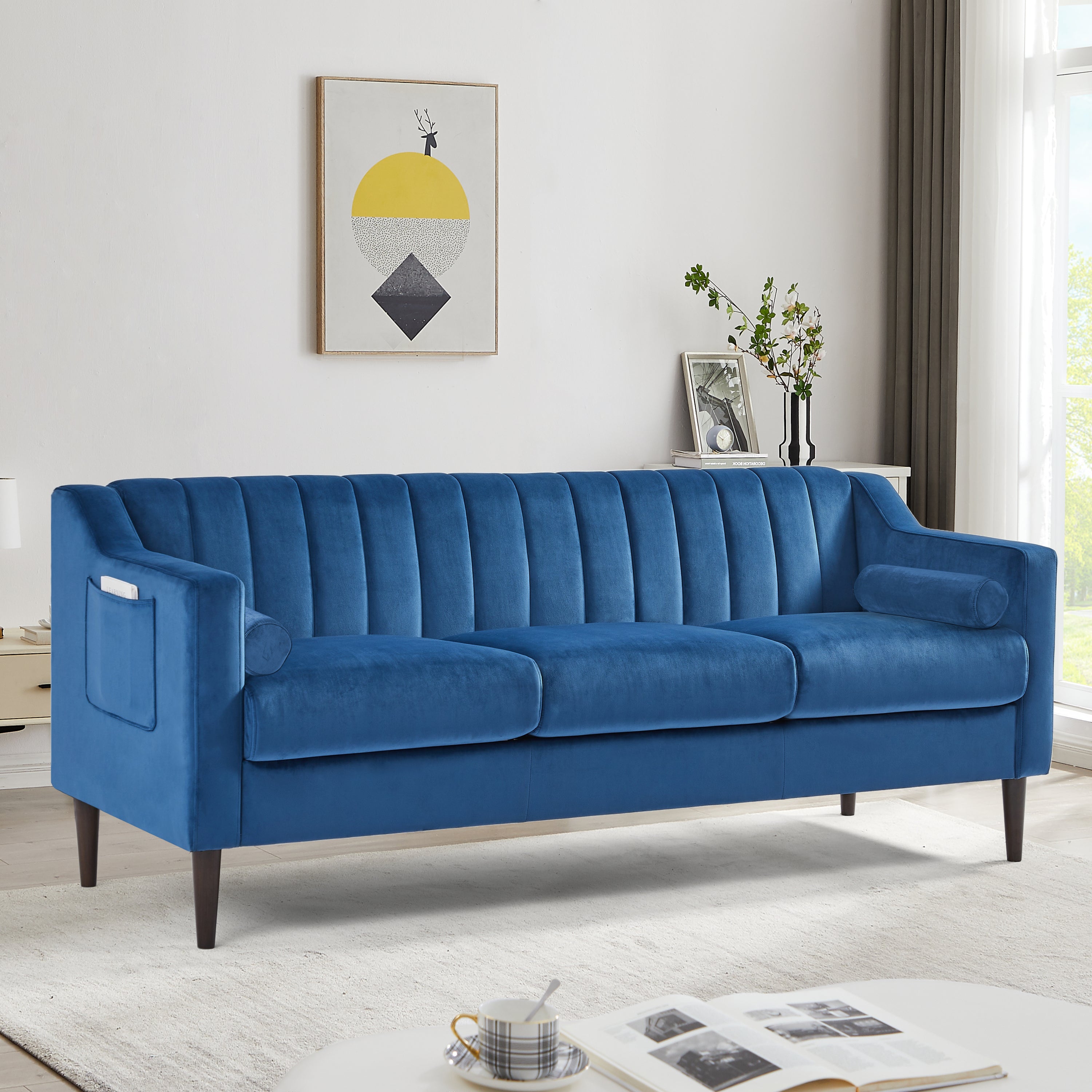 🆓🚛 77.1" Modern Chesterfield Sofa Couch, Velvet Fabric, Wooden Frame, Wood Legs, Blue