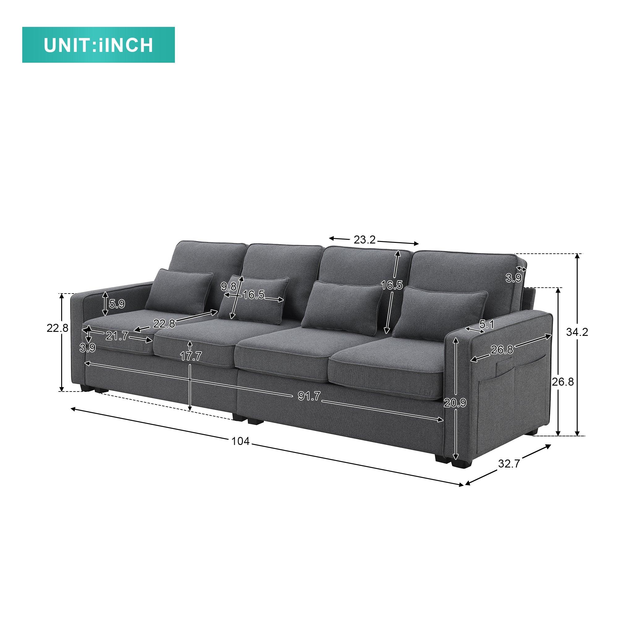 🆓🚛 Lexpin 104" 4-Seater Modern Linen Fabric Sofa With Armrest Pockets & 4 Pillows - Dark Gray