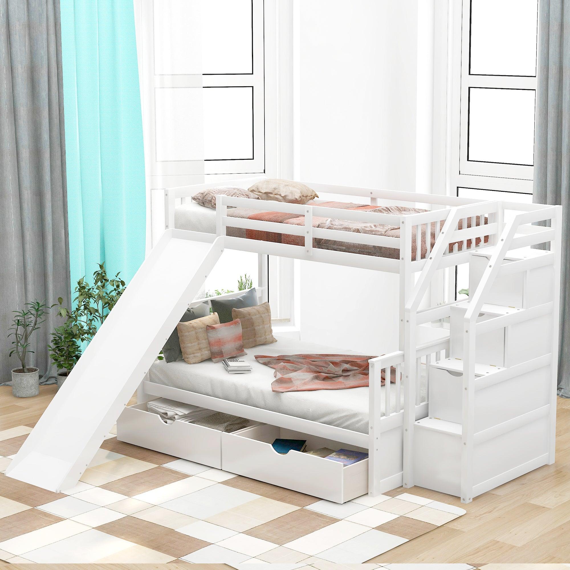 🆓🚛 Twin Over Full Bunk Bed With Drawers, Storage & Slide, Multifunction, White