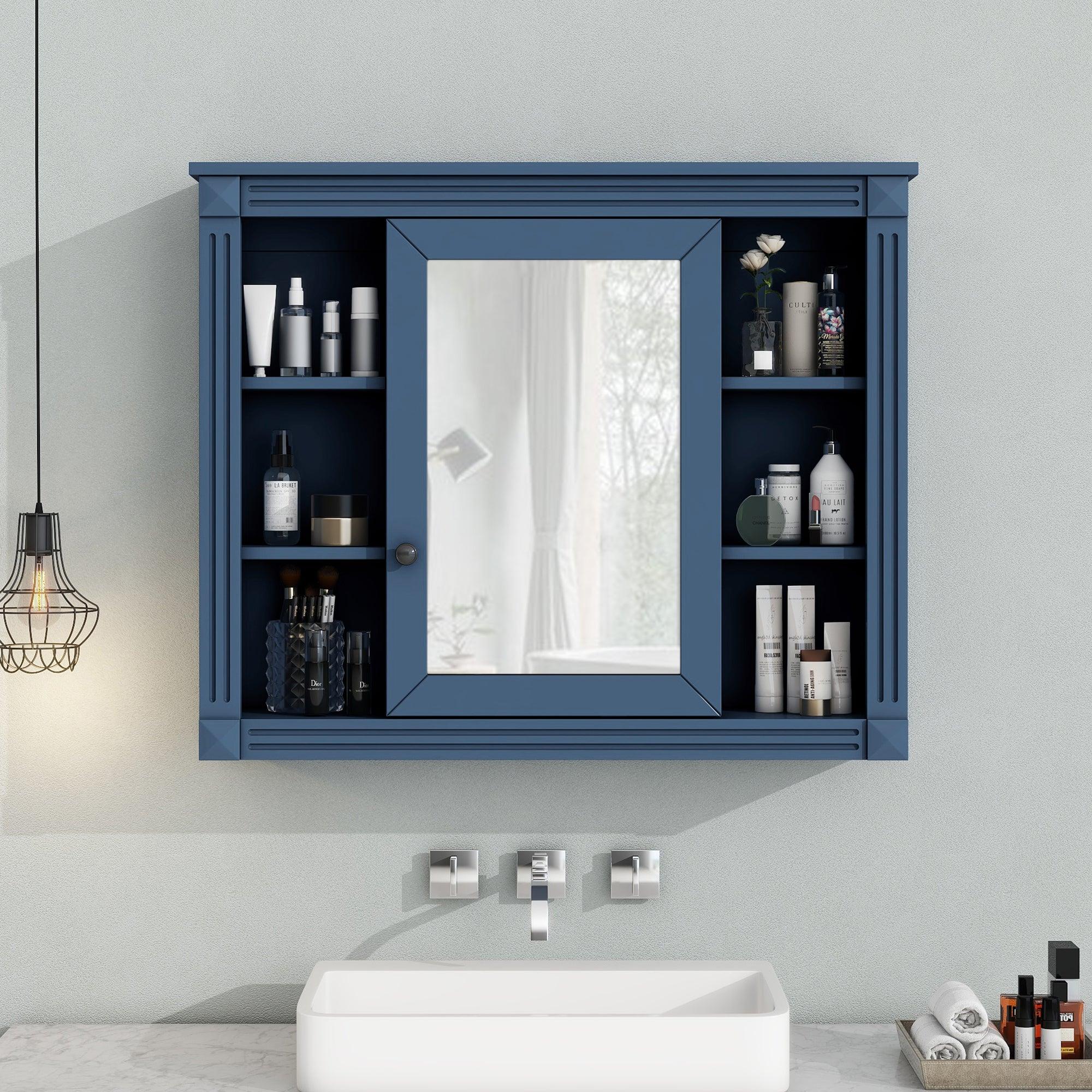 🆓🚛 35'' X 28'' Royal Blue Wall Mounted Mirror Bathroom Storage Cabinet, 6 Open Shelves