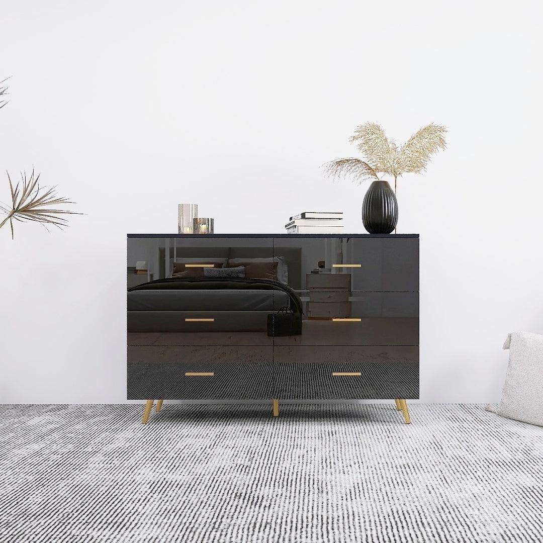 🆓🚛 High Glossy Surface 6 Drawers Chest, Golden Handle, Golden Steel Legs, Black Color Vanity