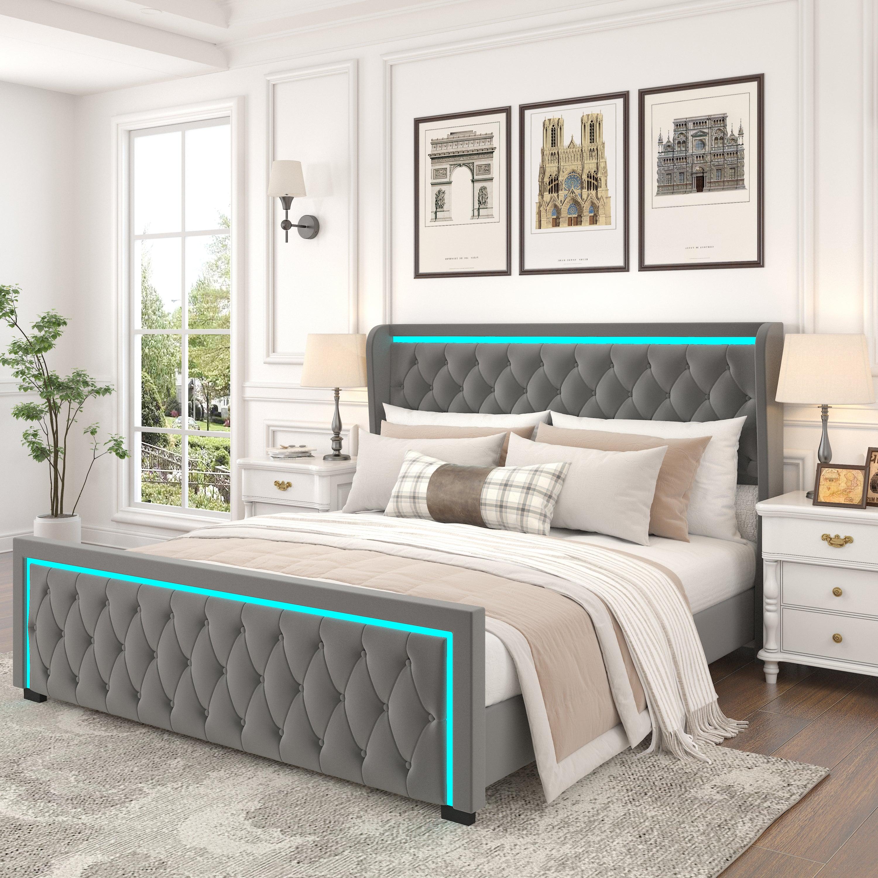 🆓🚛 King Platform Bed Frame With High Headboard, Velvet Upholstered Bed With Deep Tufted Buttons, Adjustable Colorful Led Light Decorative Headboard, Wide Wingbacks, Gray