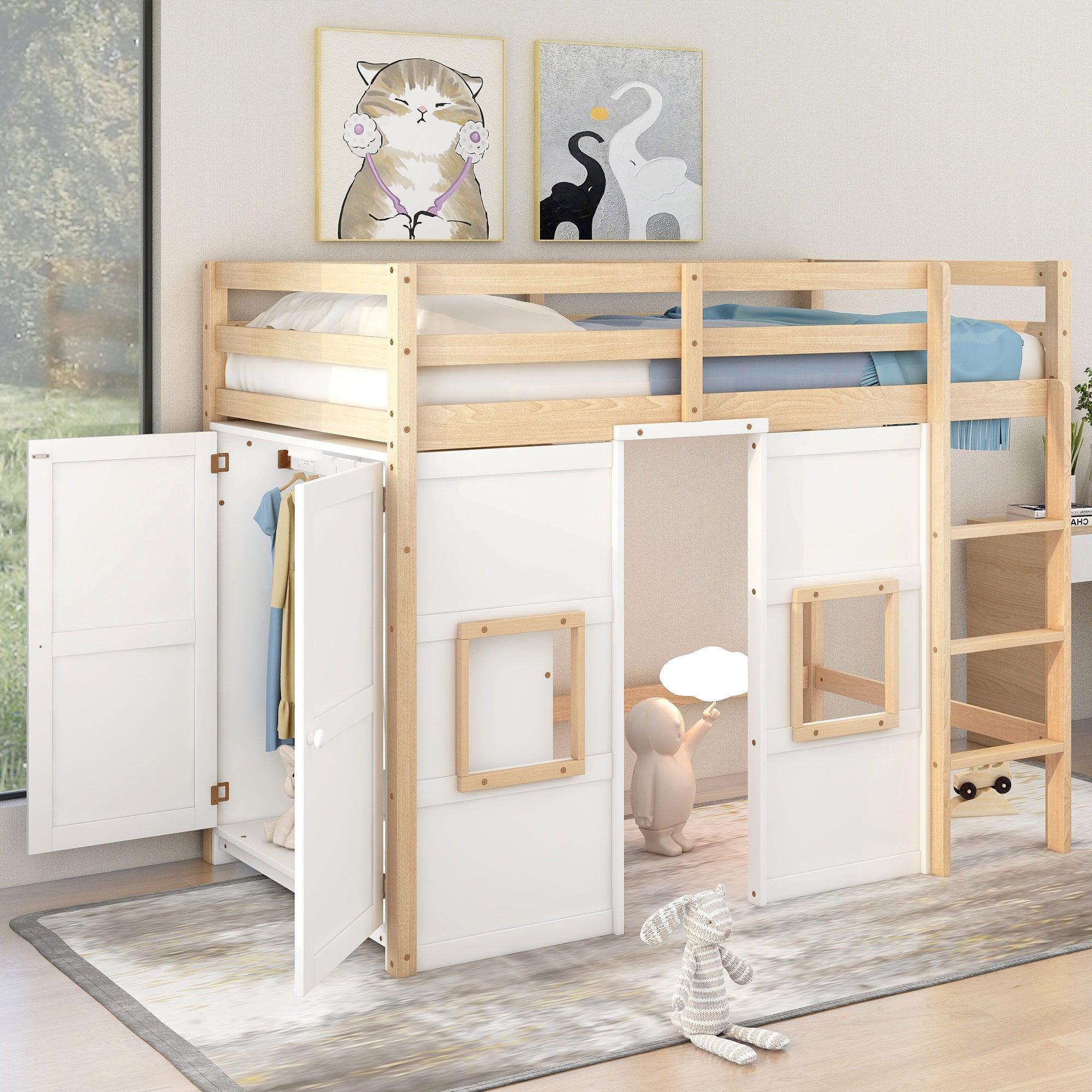 🆓🚛 Wood Twin Size Loft Bed With Built-in Storage Wardrobe & 2 Windows, Natural/White