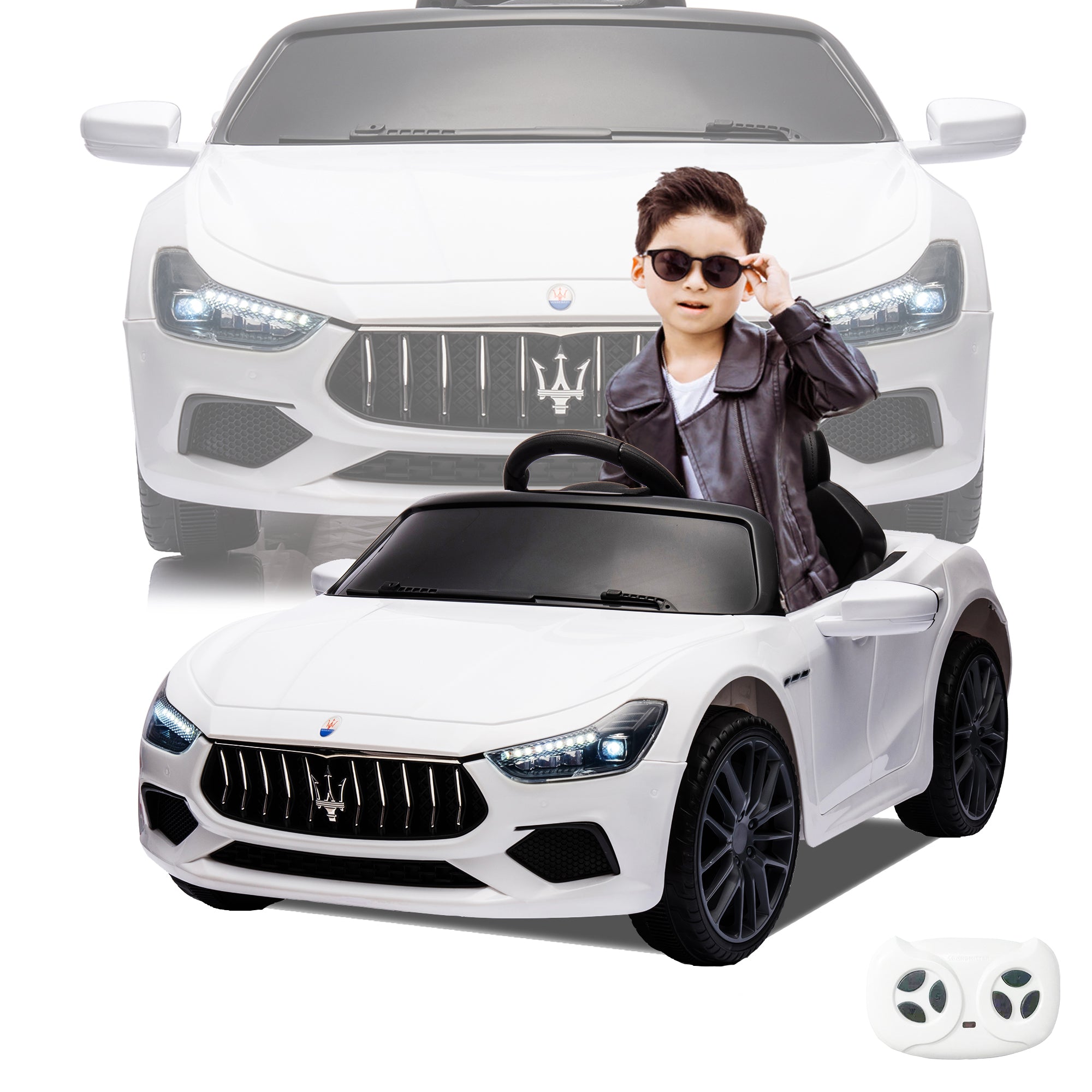 White, Ride On Car, Licensed Maserati 12V, Rechargeable Battery Powered Electric Car With 2 Motors, Parental Remote Control & Manual Modes, Led Lights, Mp3, Horn, Music, 4-Wheel, Gift for Boys Girls