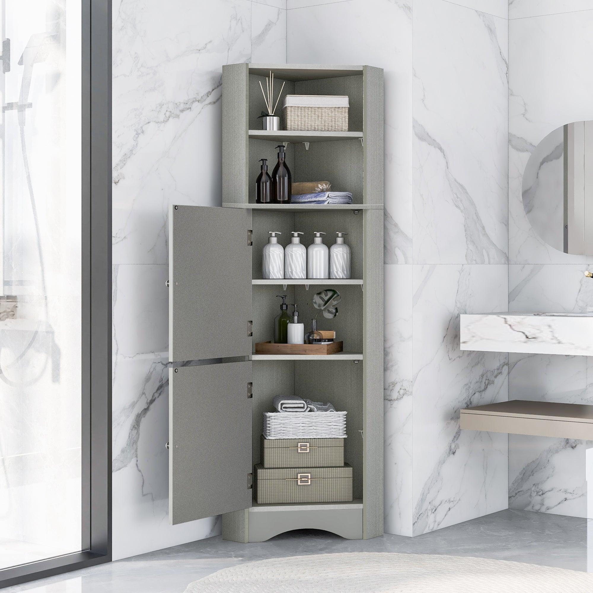 🆓🚛 Tall Bathroom Corner Cabinet, Freestanding Storage Cabinet With Doors & Adjustable Shelves, Gray