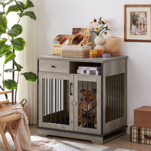 Furniture Dog Crate, Indoor Pet Crate End Tables, Decorative Wooden Kennels With Removable Trays. Grey, 32.3'' W X 22.8'' D X 33.5'' H.