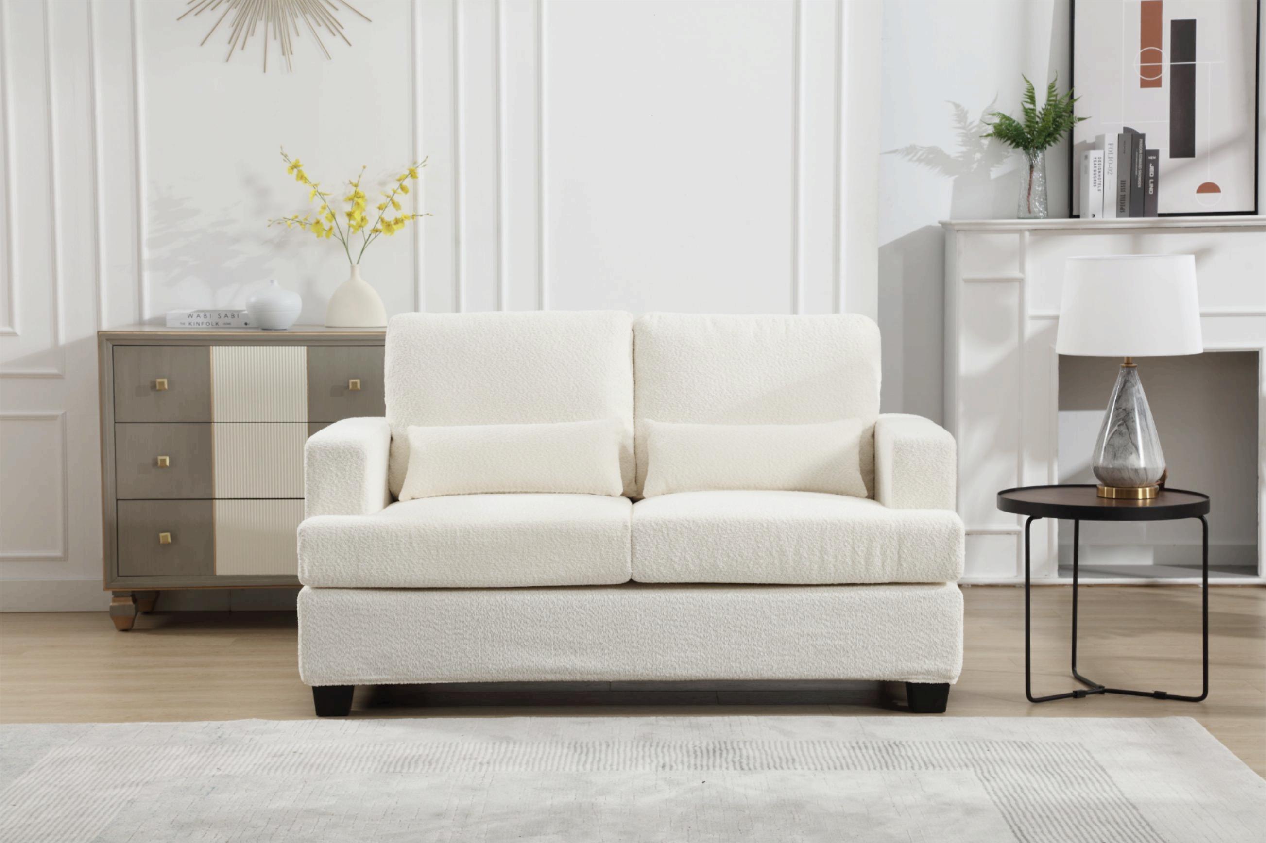 🆓🚛 63" Length Modern Loveseat Sofa, Removable Back Cushion, 2 Waist Pillows, White
