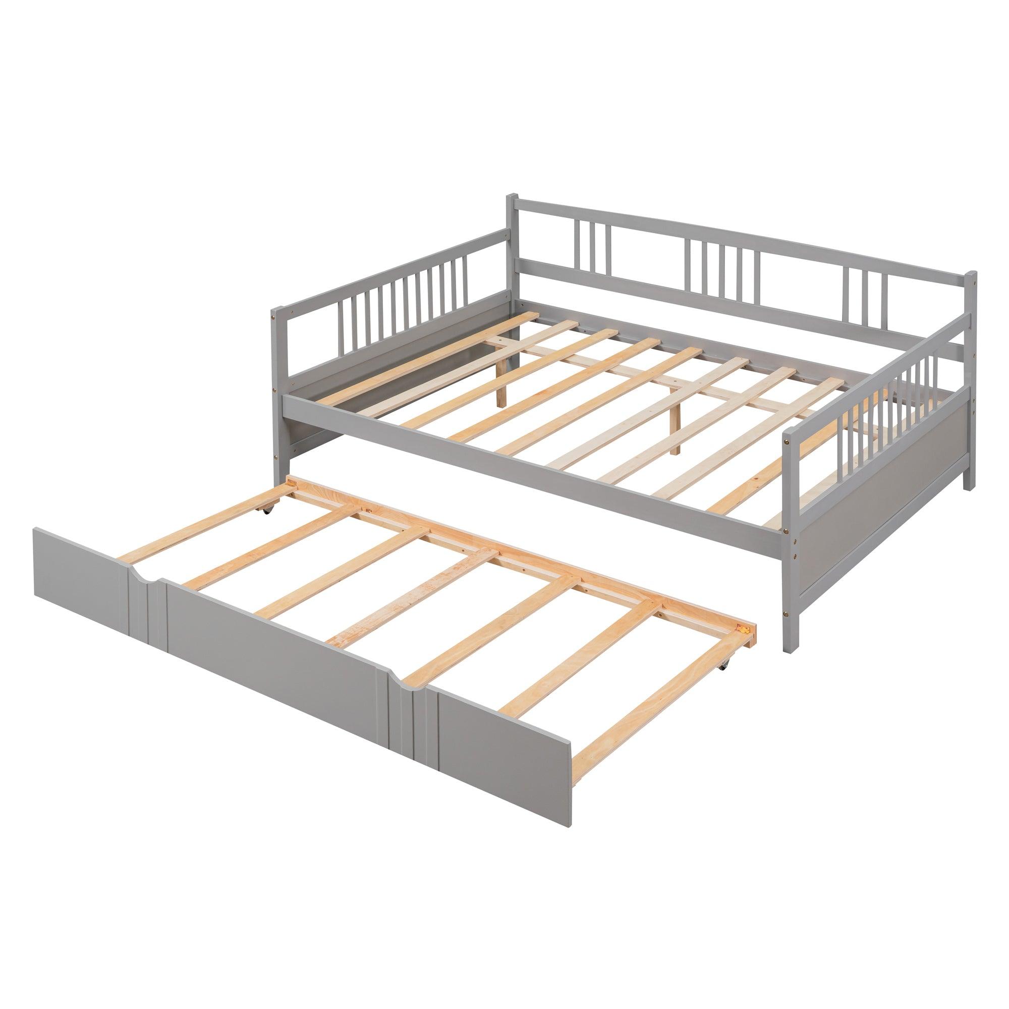 Full Size Daybed Wood Bed With Twin Size Trundle, Gray