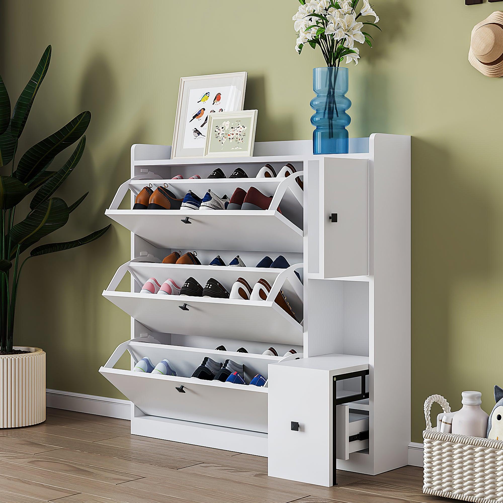 🆓🚛 Versatile Shoe Cabinet With 3 Flip Drawers, Maximum Storage Entryway Organizer, Free Standing Shoe Rack With Pull-Down Seat for Hallway, White