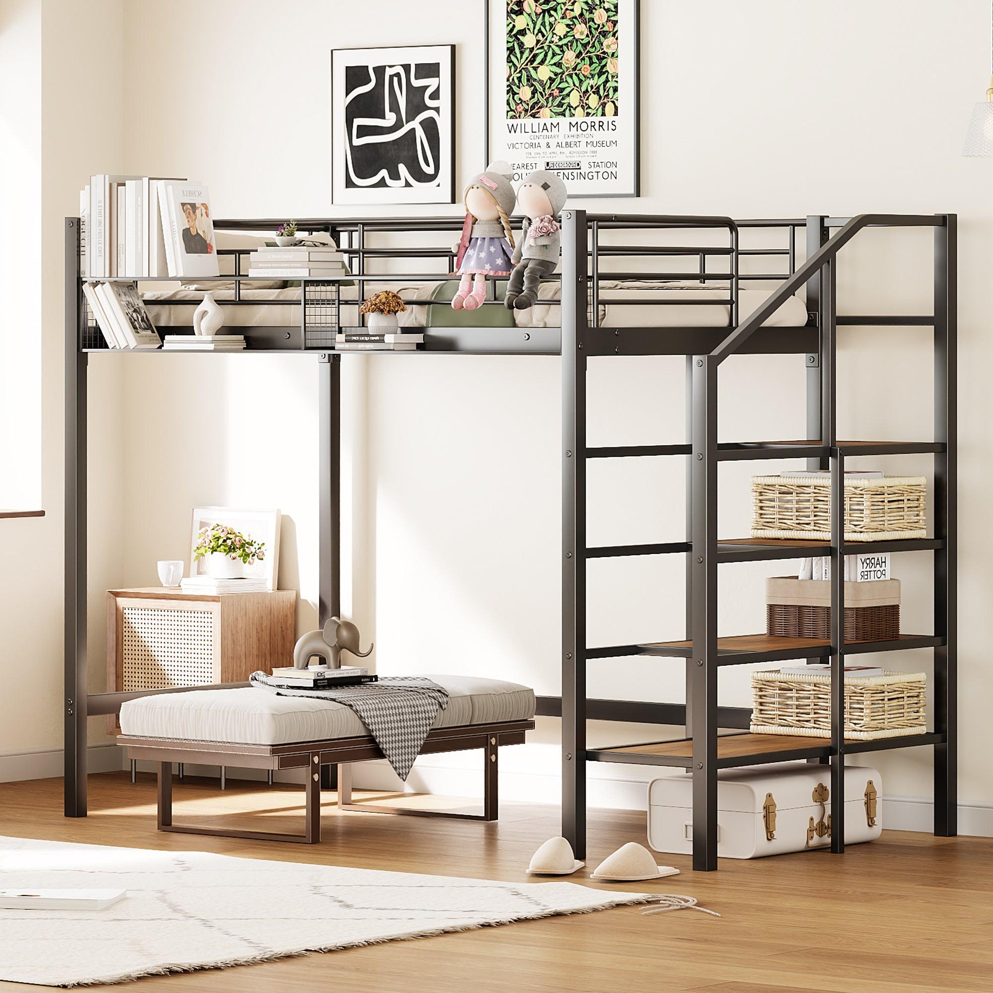 🆓🚛 Twin Size Metal Loft Bed With Upper Grid Storage Shelf & Lateral Storage Ladder, Black