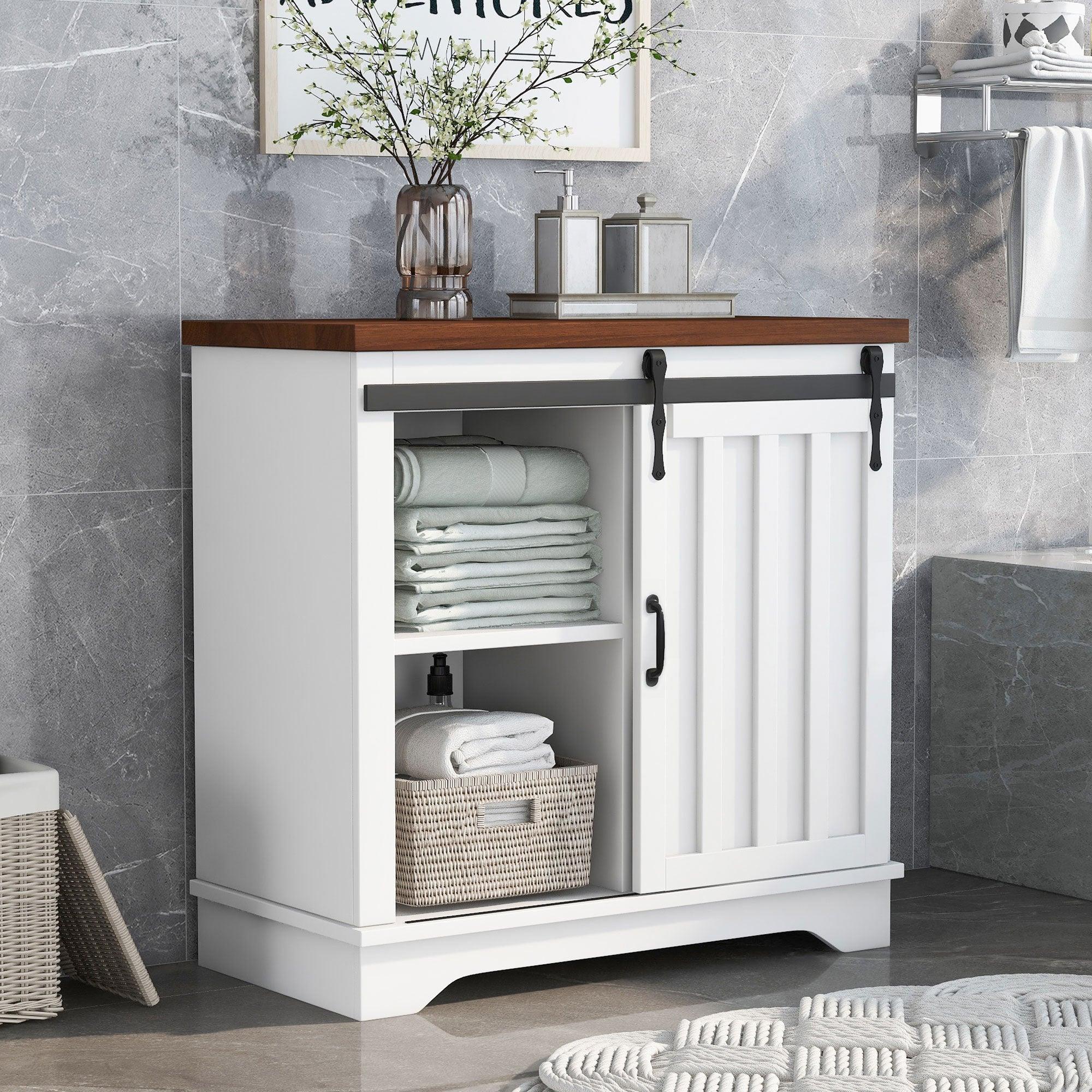 🆓🚛 Bathroom Storage Cabinet, Freestanding Accent Cabinet, Sliding Barn Door, Thick Top, Adjustable Shelf, White & Brown