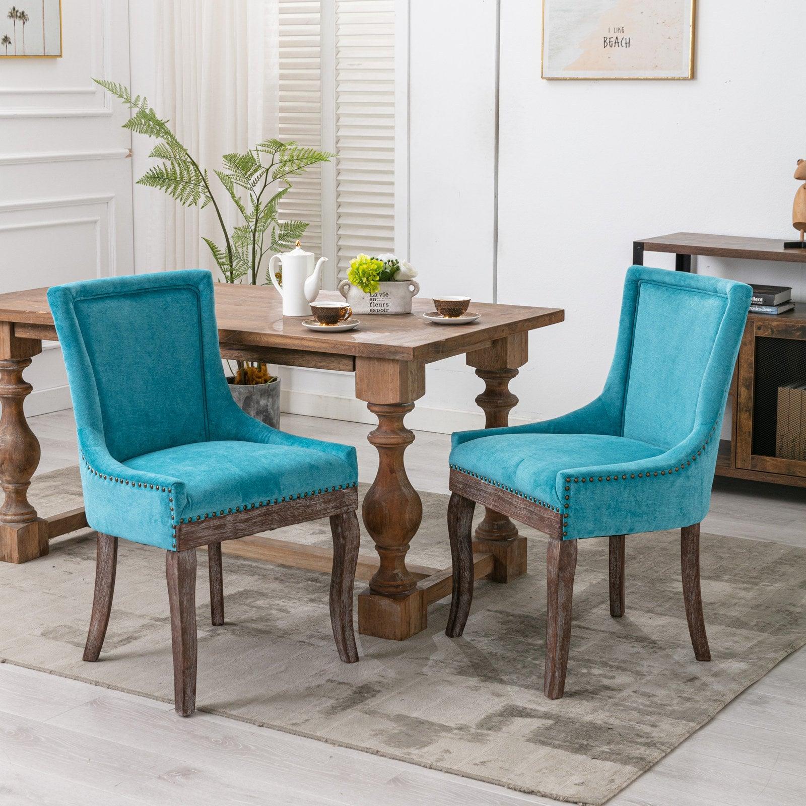 🆓🚛 Ultra Side Dining Chair，Thickened Fabric Chairs With Neutrally Toned Solid Wood Legs， Bronze Nail Head，Set Of 2，Blue