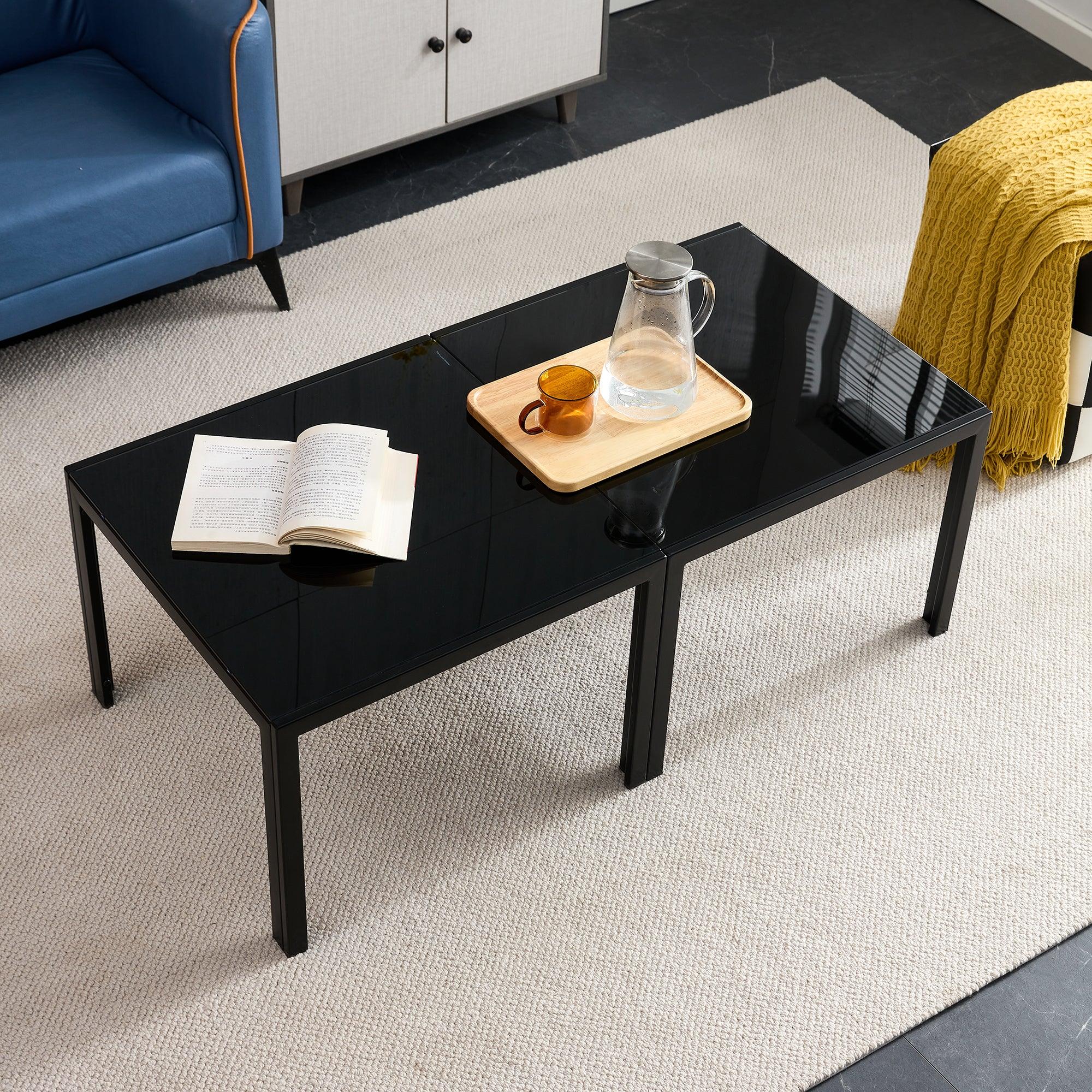 🆓🚛 Coffee Table Set Of 2, Square Modern Table With Tempered Glass Finish for Living Room, Black